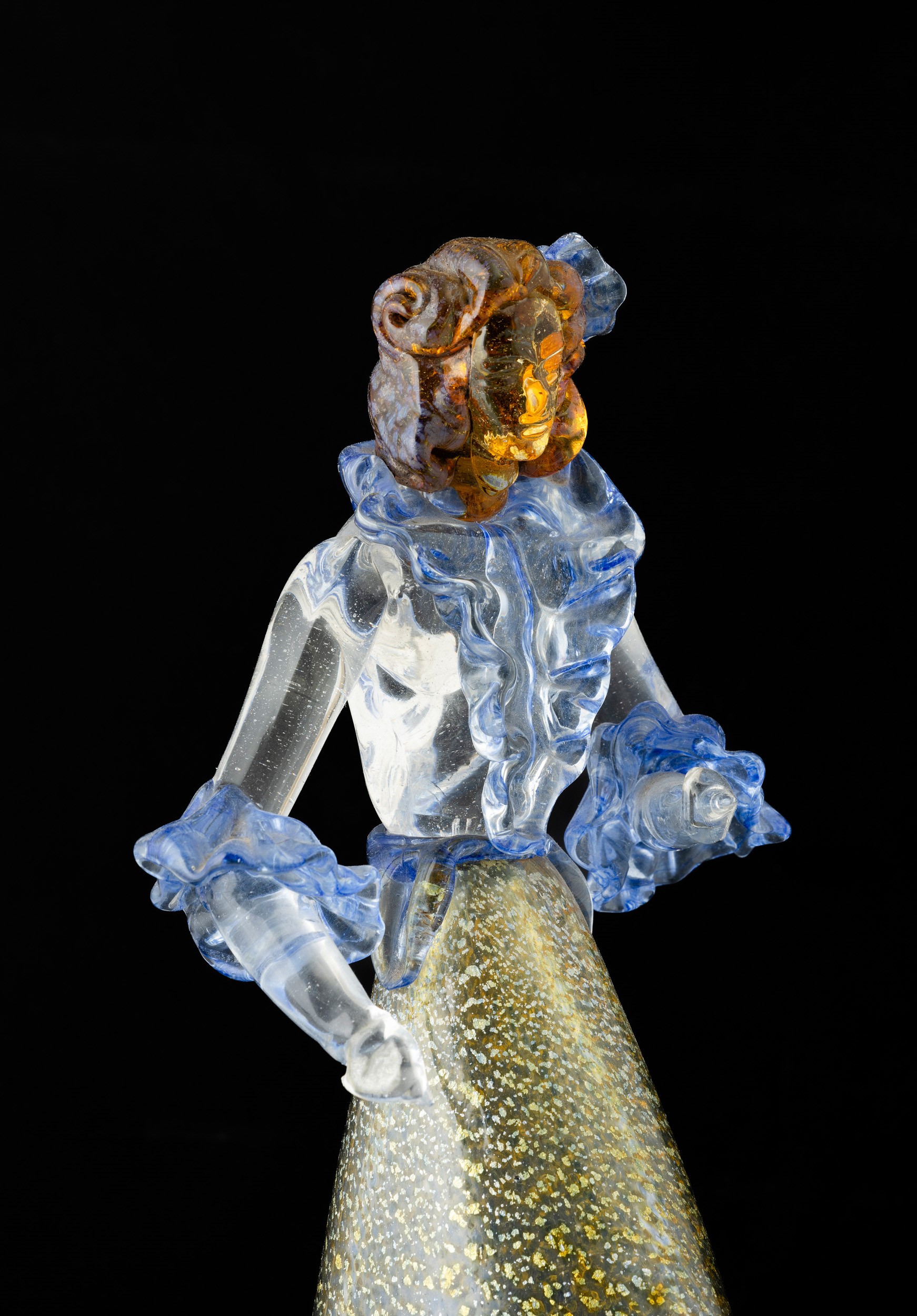Figura di dama, vetro soffiato Murano (circa 1930), decoro a macchie blu e foglia oro