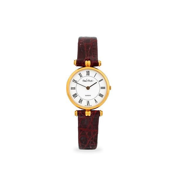 Solo tempo in oro giallo 18k, quadrante bianco con numeri Romani, con scatola e garanzia, circa 1990