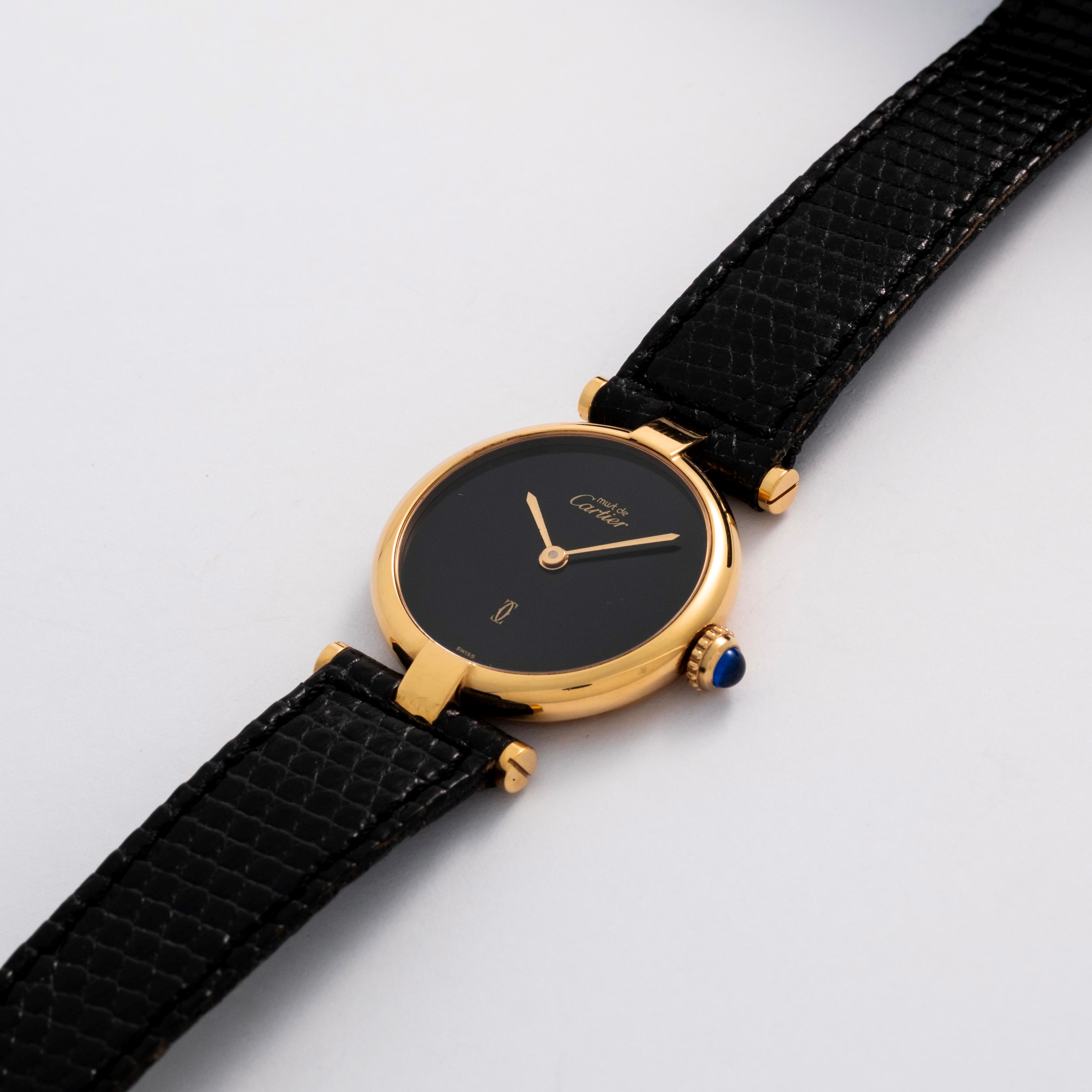 Cartier - Must Ronde, orologio da polso in argento laminato oro con quadrante nero, circa 1990