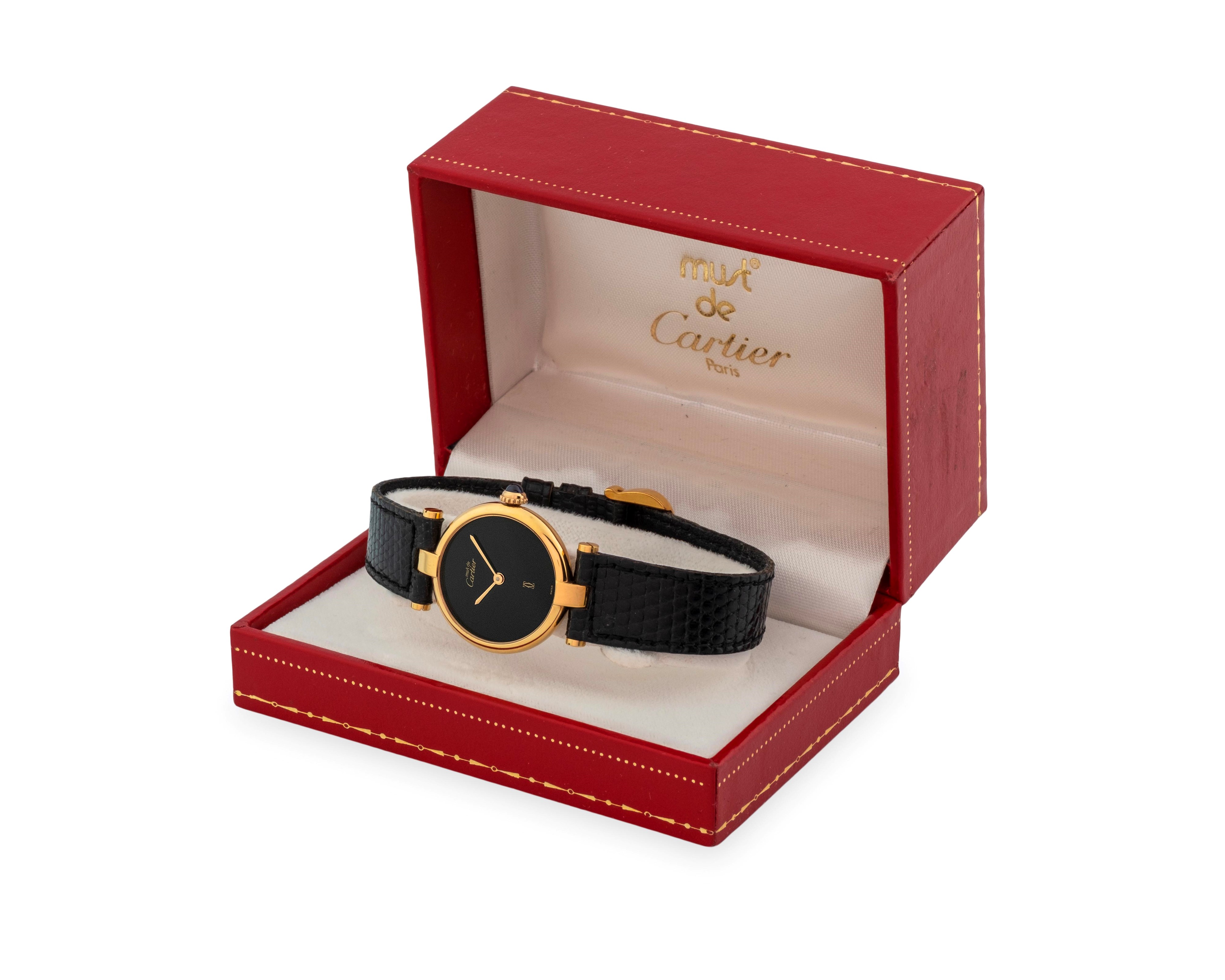 Cartier - Must Ronde, orologio da polso in argento laminato oro con quadrante nero, circa 1990