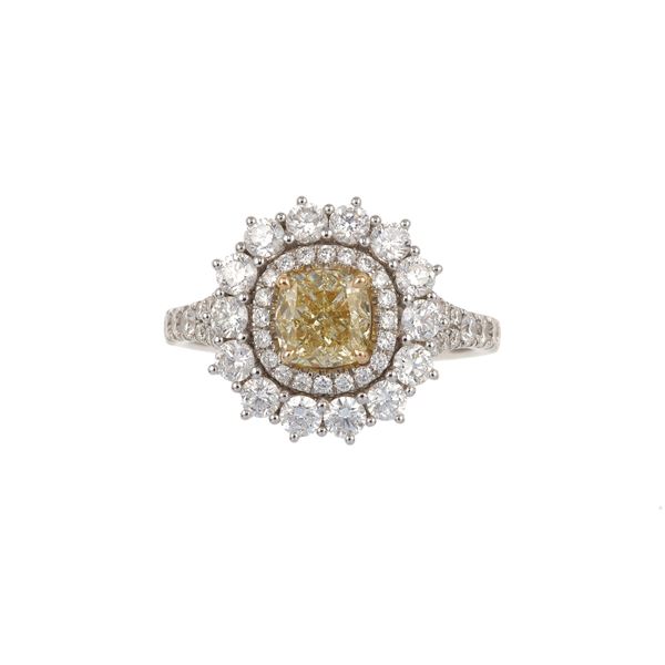 Cushion modified brilliant diamond, fancy light brownish yellow weighing 1.20 carats and dimoand ring. Signed Brarda. Gemmological Report GIA n. 627605334