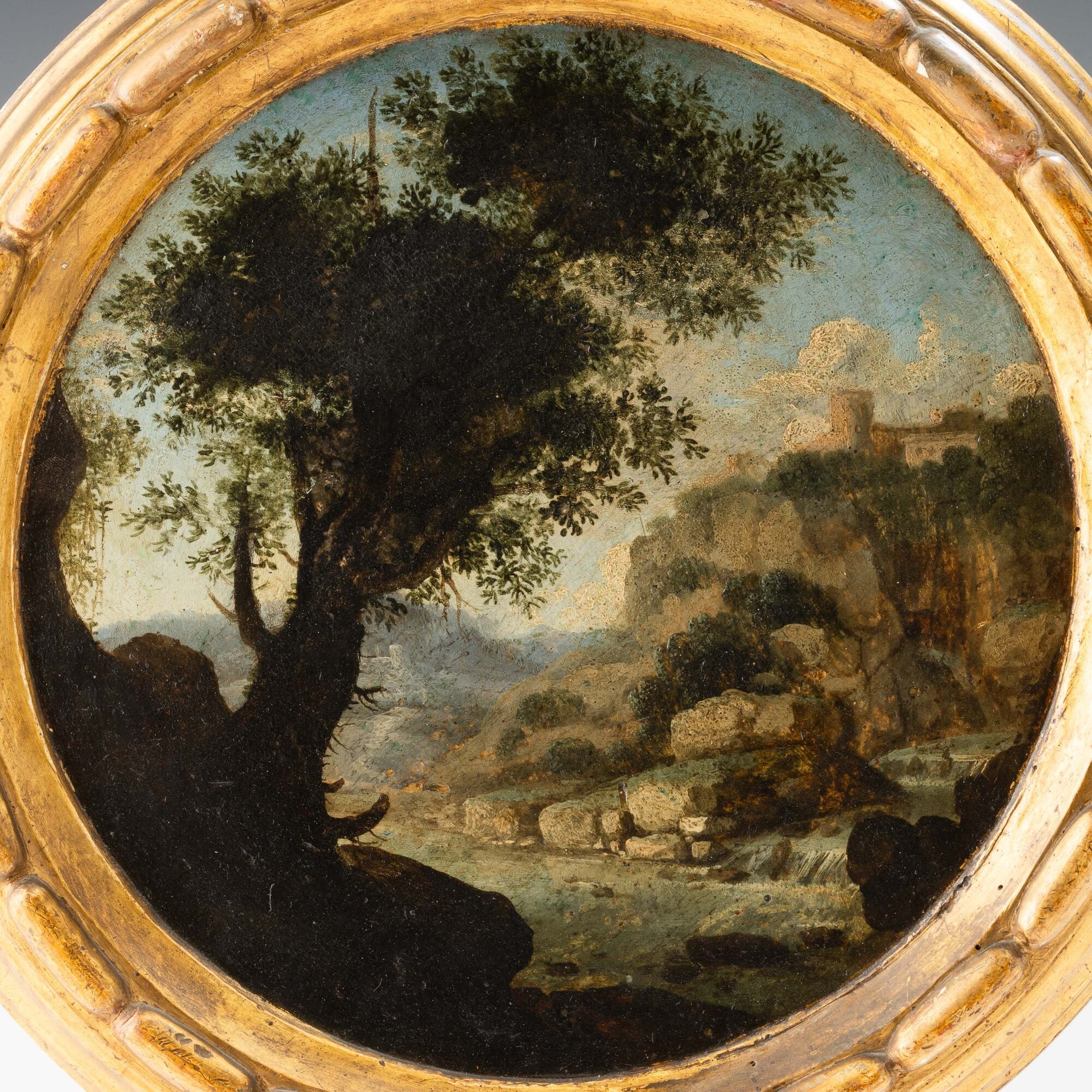 Scuola del XIX secolo, Paesaggi fluviali con architetture (coppia) su olio su tavoletta circolare