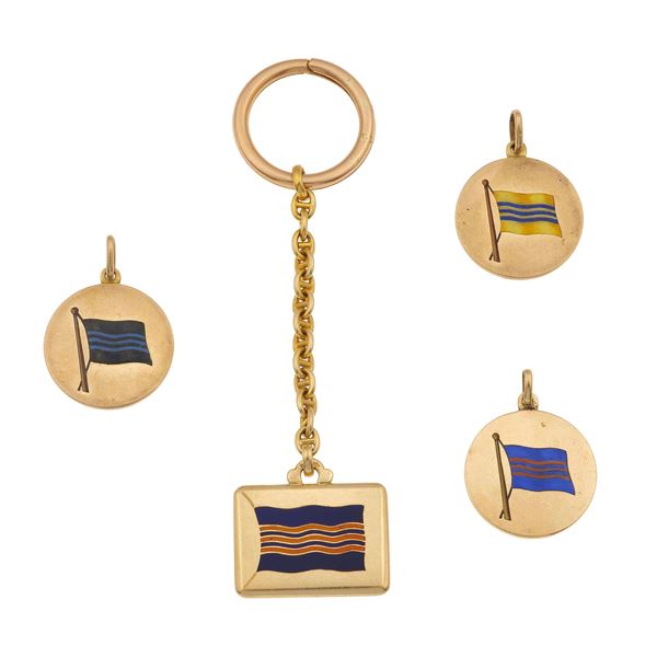 Three gold and enamel pendents and one gold and enamel keychain, engraved Bulgari