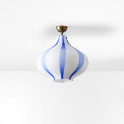 Vignelli, Lampada a sospensione in ottone e vetro di Murano lattimo colorato