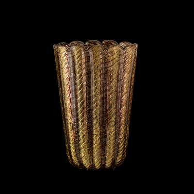 Barovier & Toso, Vaso troncoconico a sezione ovale in vetro soffiato costolato con decoro a canne...