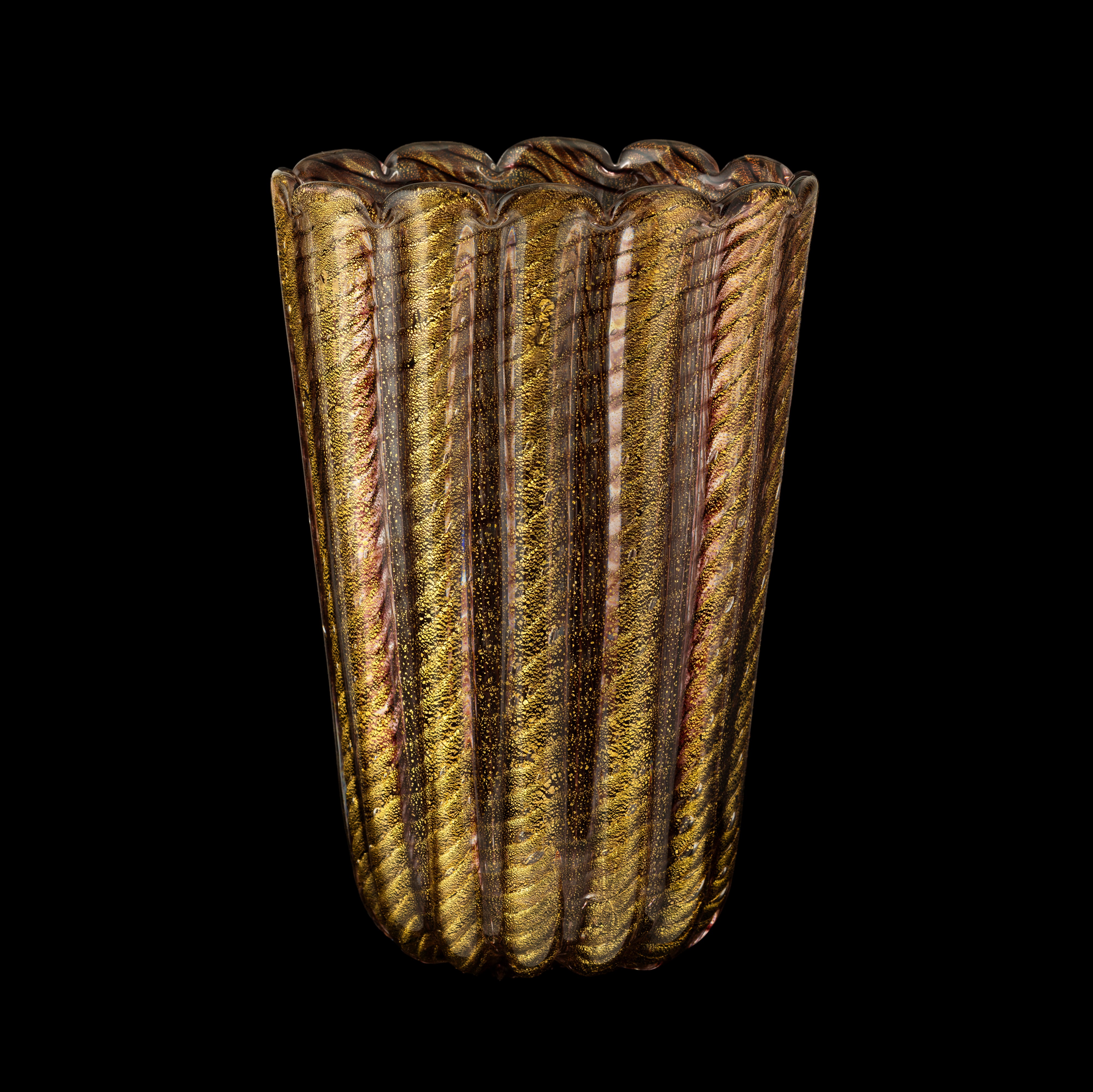 Barovier & Toso, Vaso troncoconico a sezione ovale in vetro soffiato costolato con decoro a canne...