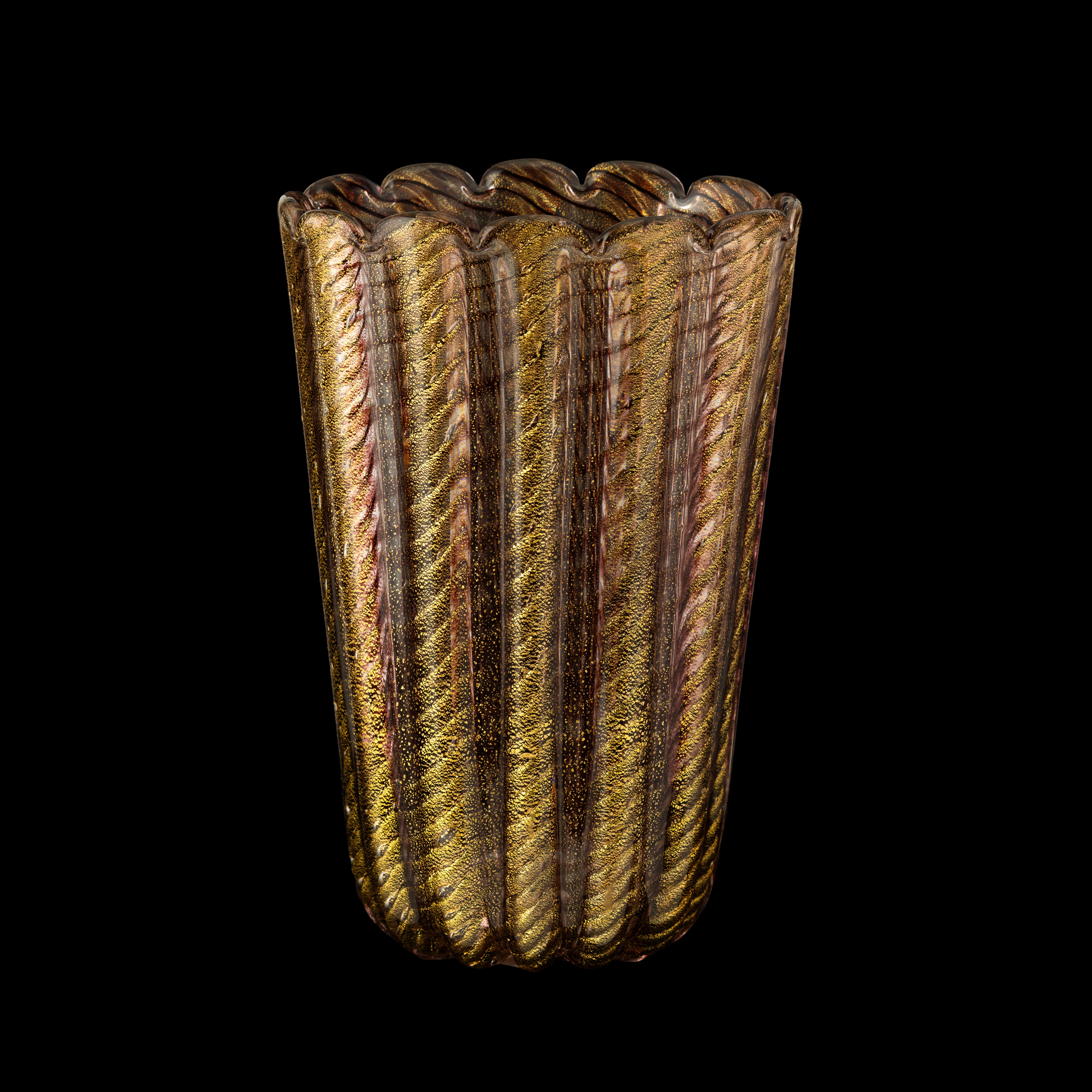 Barovier & Toso, Vaso troncoconico a sezione ovale in vetro soffiato costolato con decoro a canne...