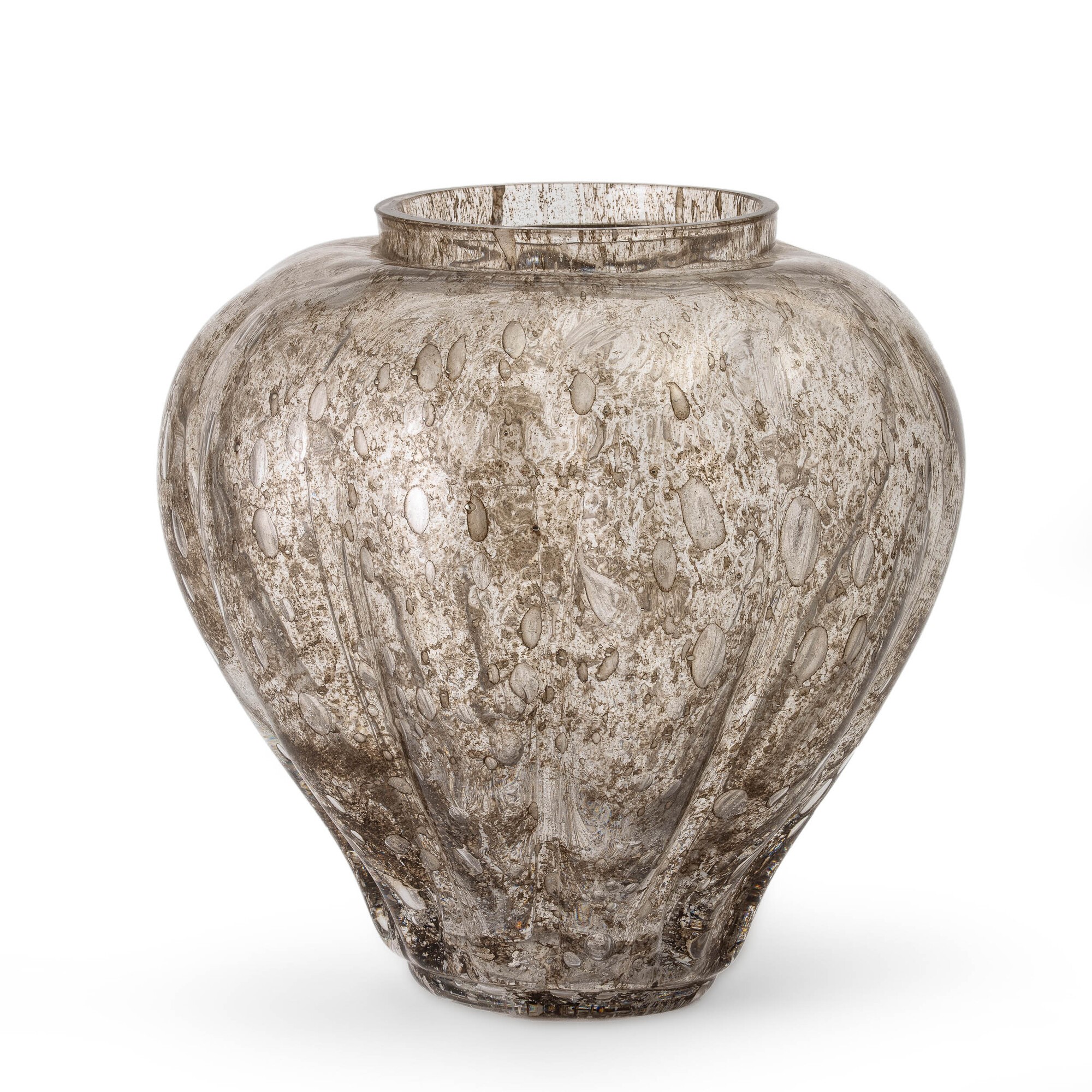 Seguso, Vaso a tubero in vetro soffiato con inclusioni e polveri d’argento (Murano, 1960 ca.)