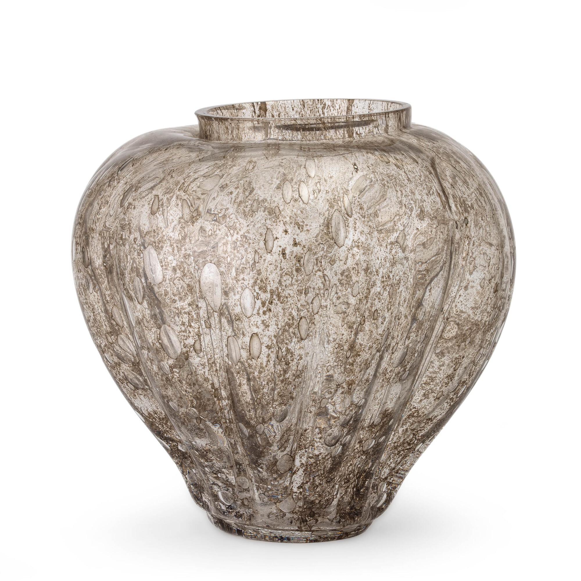 Seguso, Vaso a tubero in vetro soffiato con inclusioni e polveri d’argento (Murano, 1960 ca.)