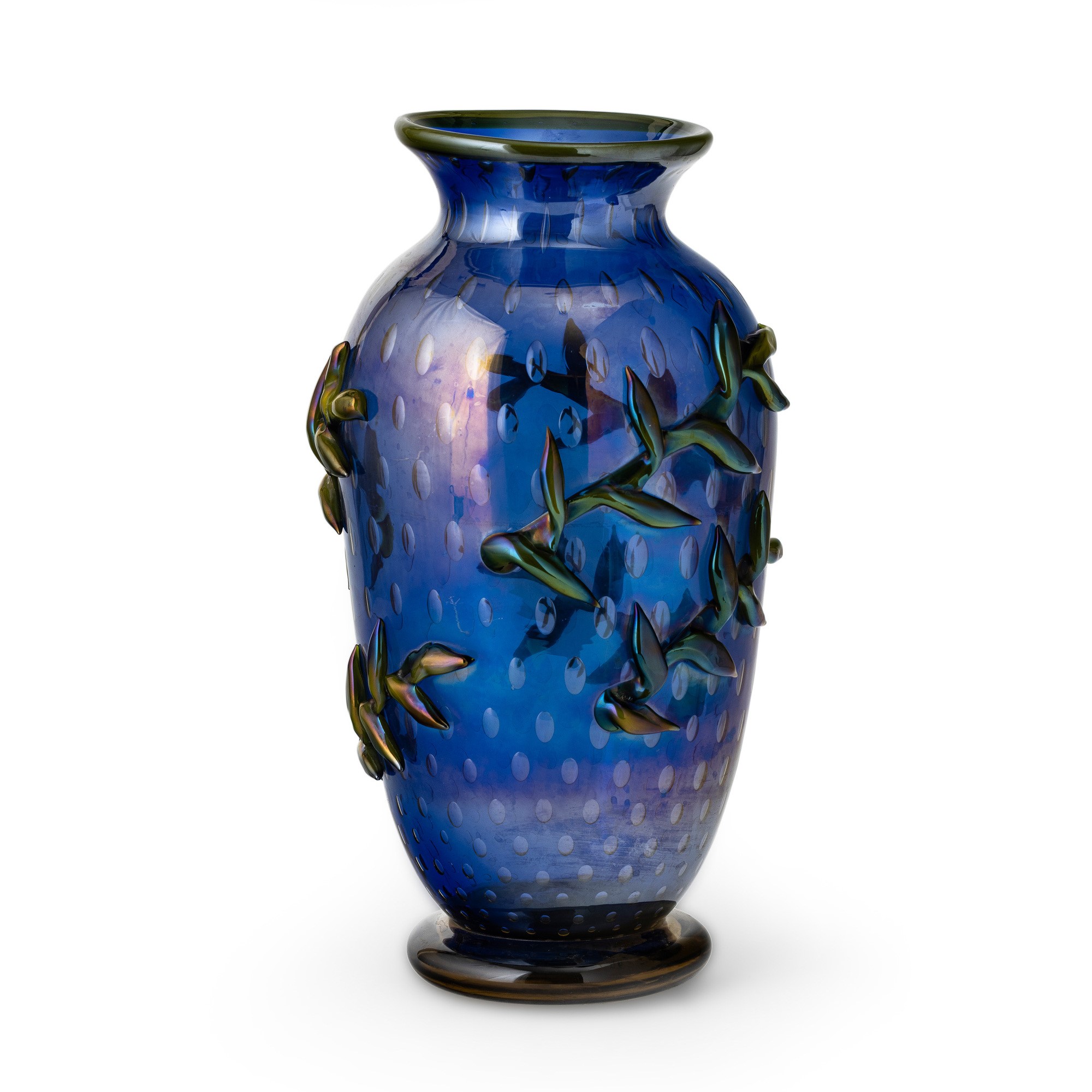 Vaso ovoidale in vetro sommerso blu, decoro a inclusione di bolle e applicazioni a caldo (Italia ...