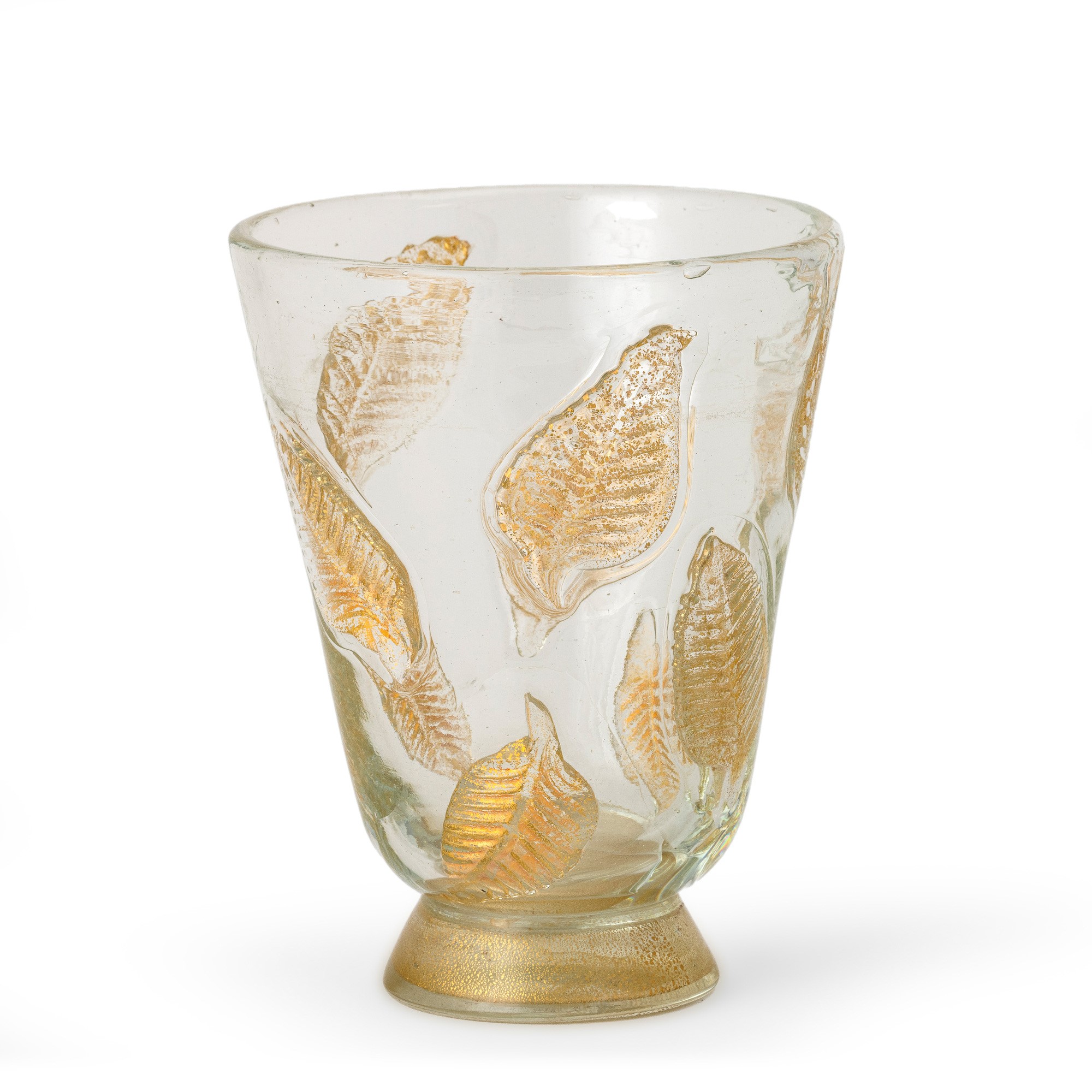 Ercole Barovier - Vaso troncoconico in vetro soffiato con decorazione a foglie e inclusione di fo...
