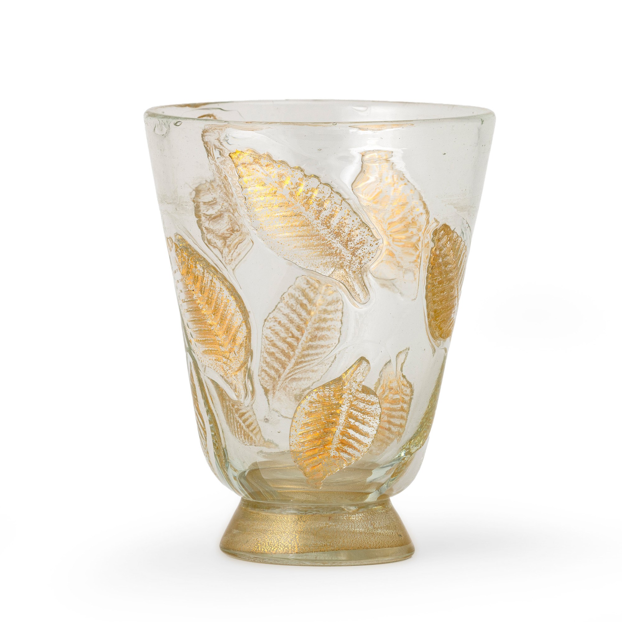 Ercole Barovier - Vaso troncoconico in vetro soffiato con decorazione a foglie e inclusione di fo...