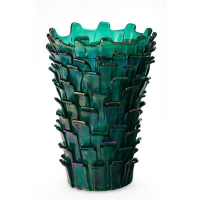Vaso “Ritagli” Venini, vetro soffiato verde iridato con applicazioni a petali, 1991