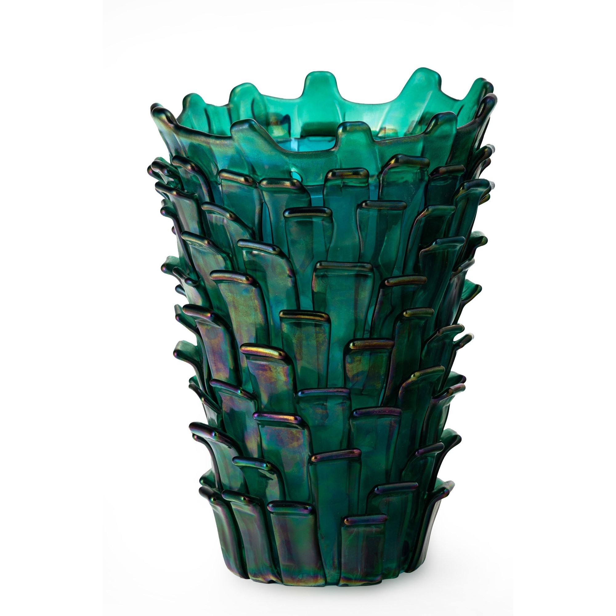 Fulvio Bianconi - Vaso “Ritagli” Venini, vetro soffiato verde iridato con applicazioni a petali, ...