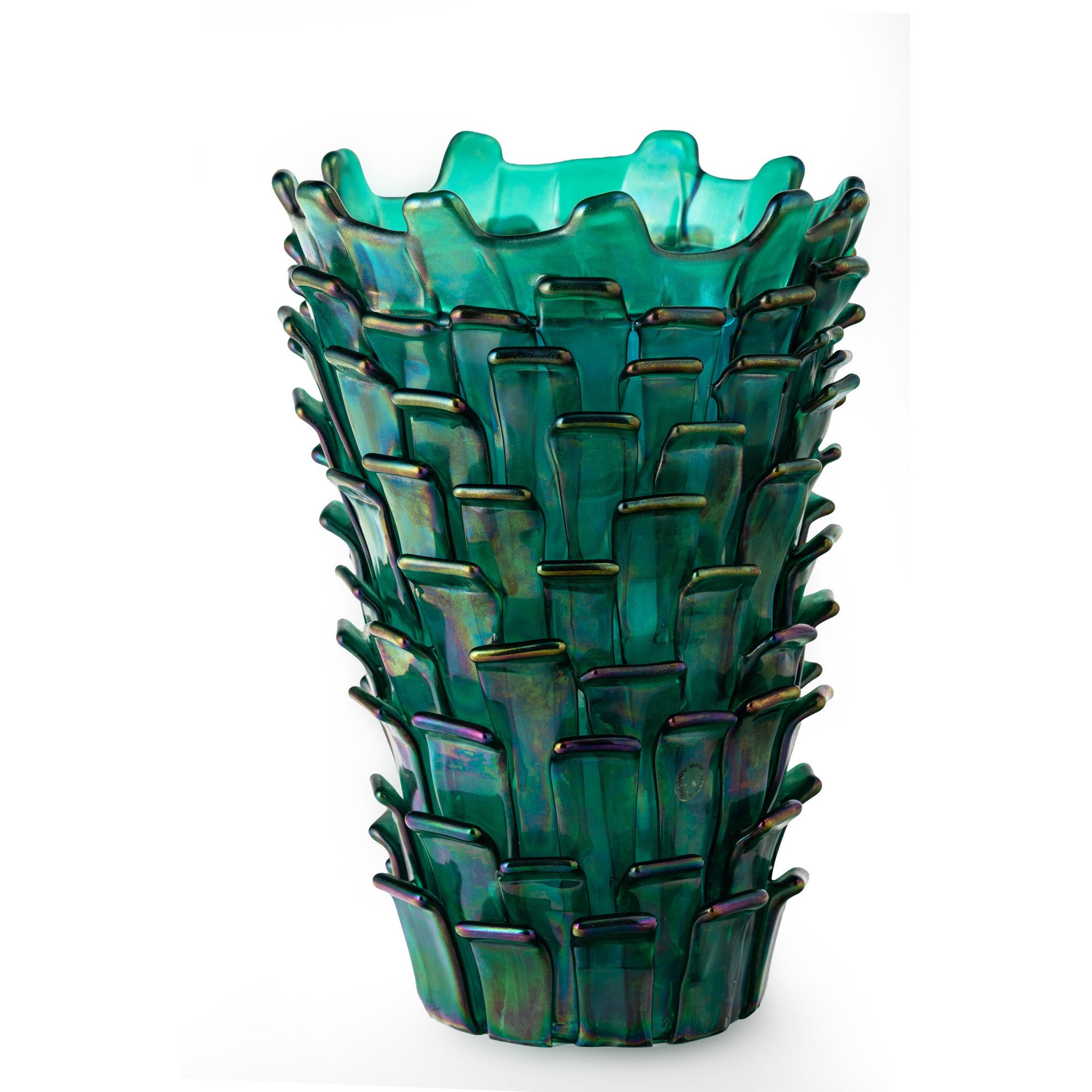 Fulvio Bianconi - Vaso “Ritagli” Venini, vetro soffiato verde iridato con applicazioni a petali, ...