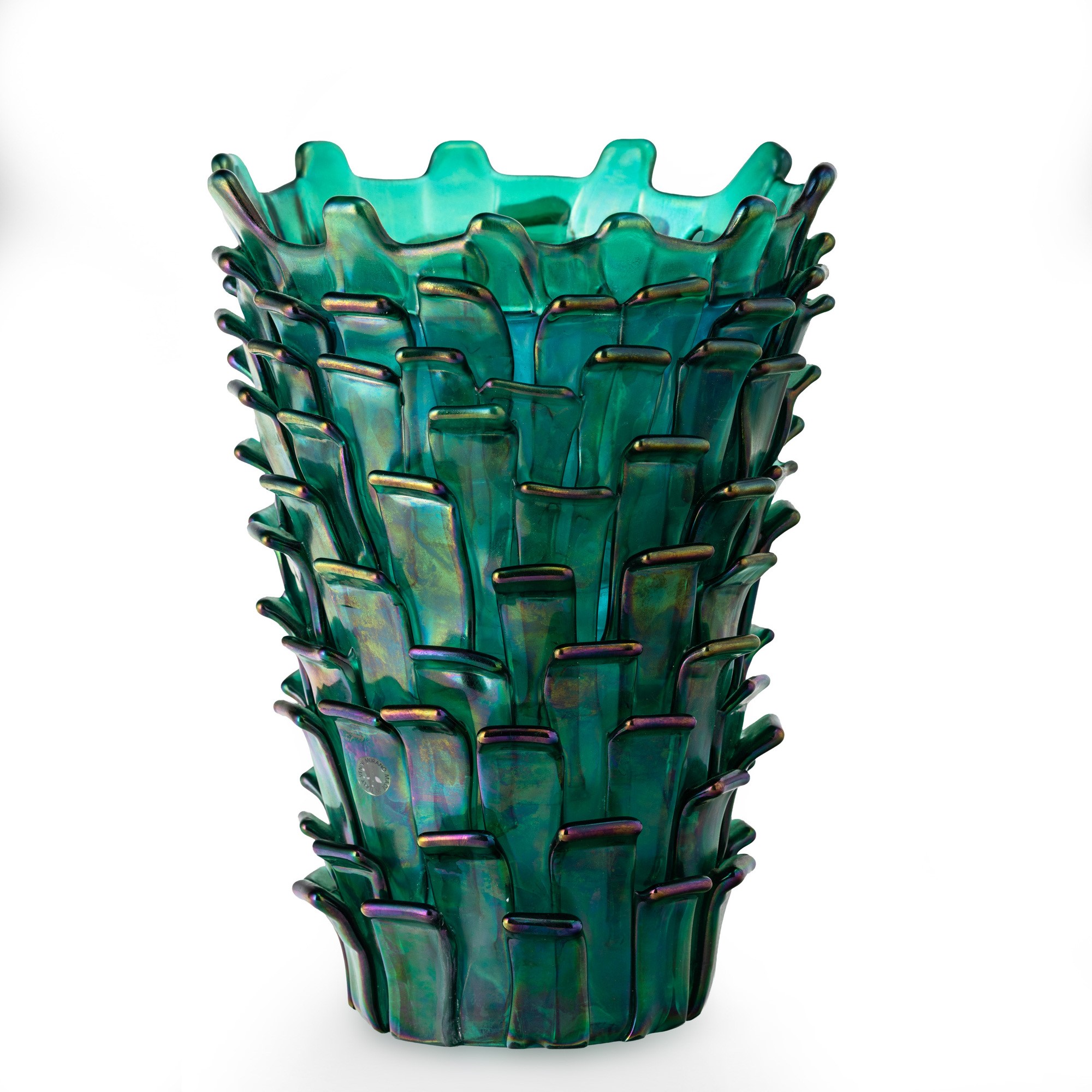 Fulvio Bianconi - Vaso “Ritagli” Venini, vetro soffiato verde iridato con applicazioni a petali, ...