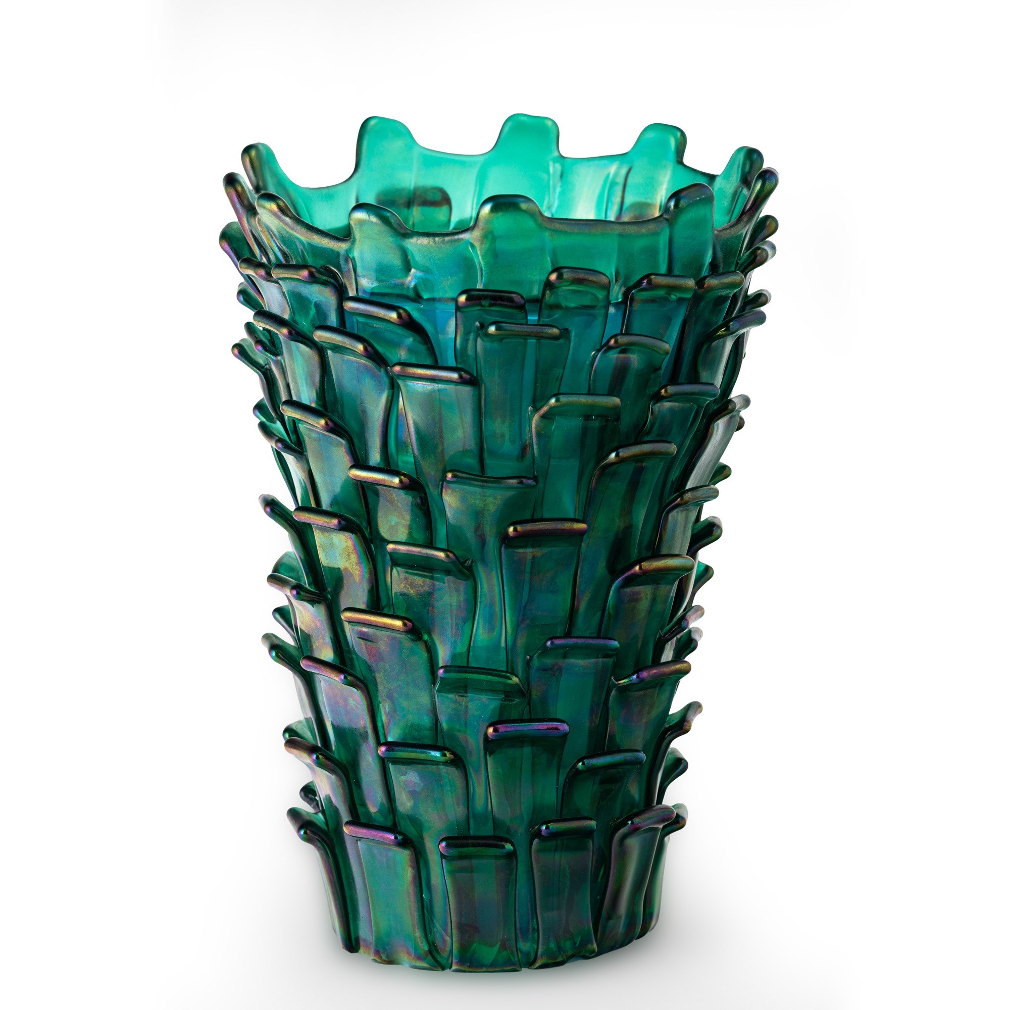 Fulvio Bianconi - Vaso “Ritagli” Venini, vetro soffiato verde iridato con applicazioni a petali, ...