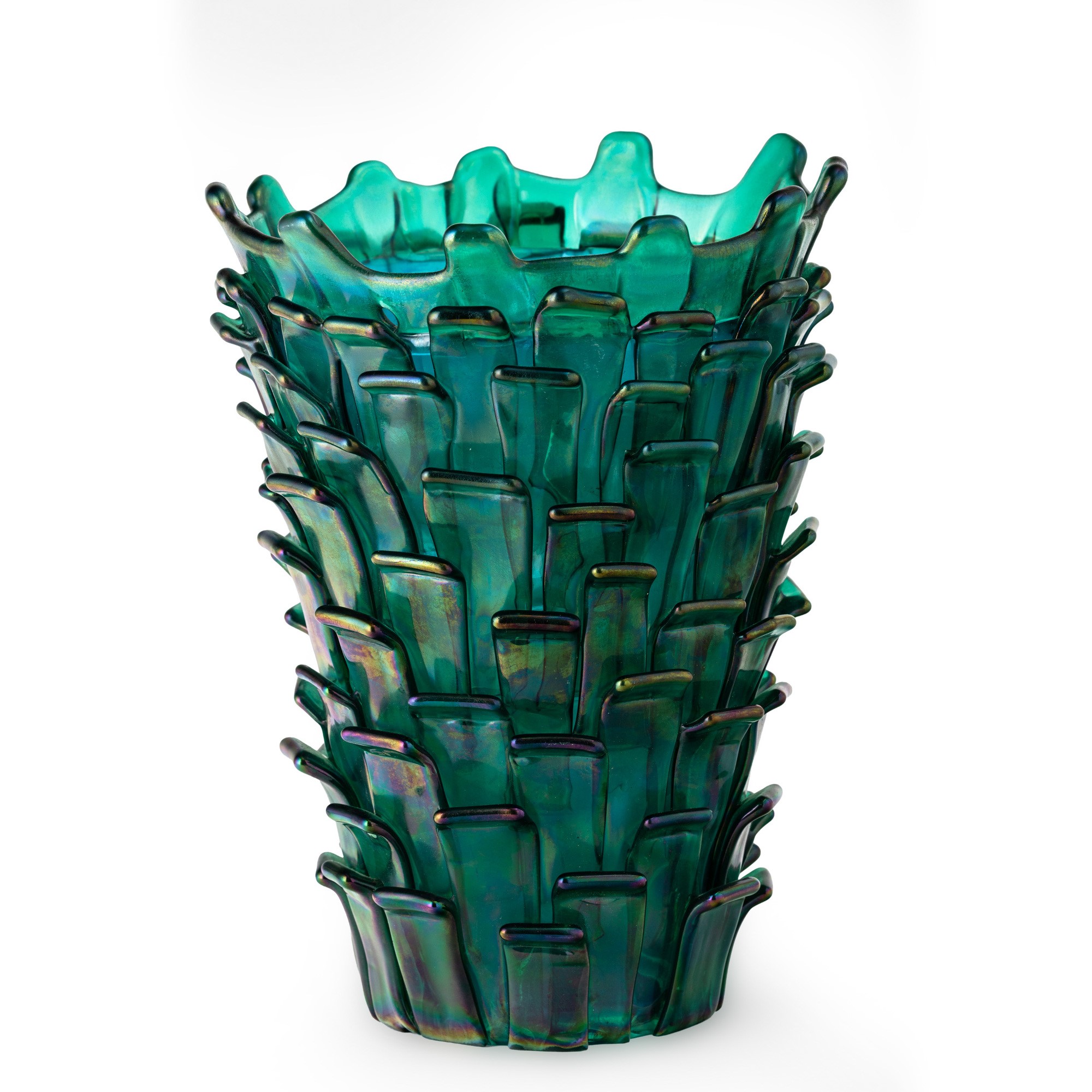 Fulvio Bianconi - Vaso “Ritagli” Venini, vetro soffiato verde iridato con applicazioni a petali, ...