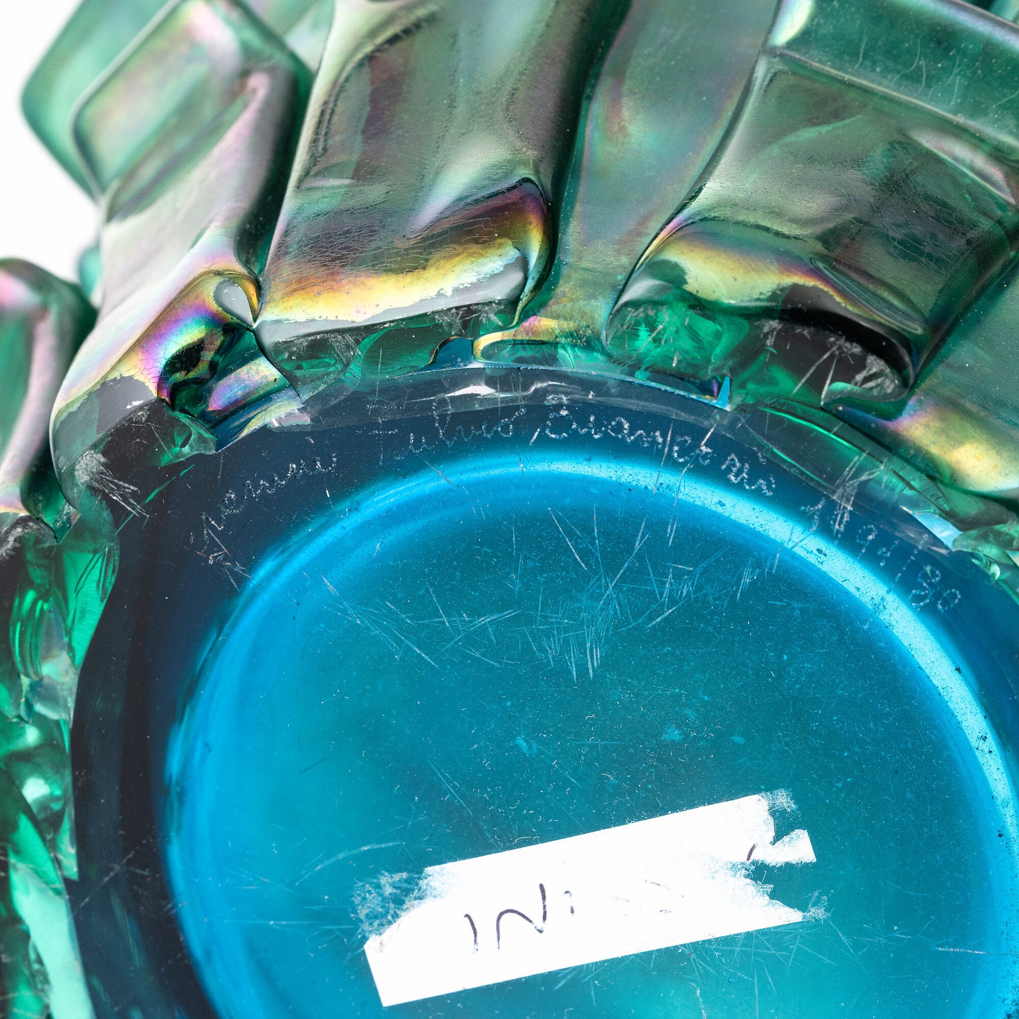 Fulvio Bianconi - Vaso “Ritagli” Venini, vetro soffiato verde iridato con applicazioni a petali, ...