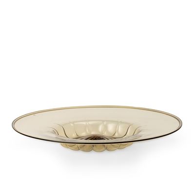 Murano (ca. 1930), Grande piatto in vetro soffiato pagliesco a larga tesa con centro baccellato
