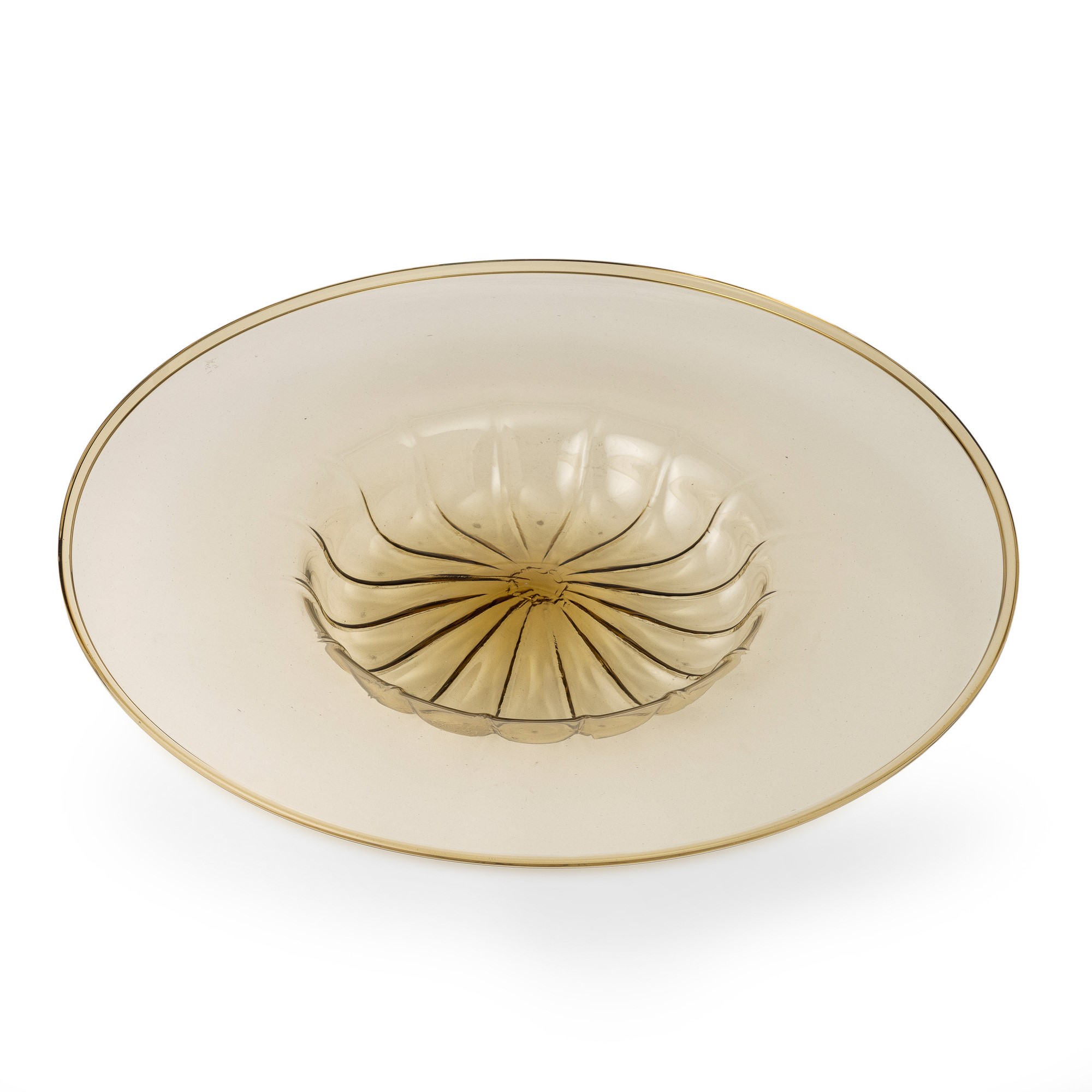 Murano (ca. 1930), Grande piatto in vetro soffiato pagliesco a larga tesa con centro baccellato