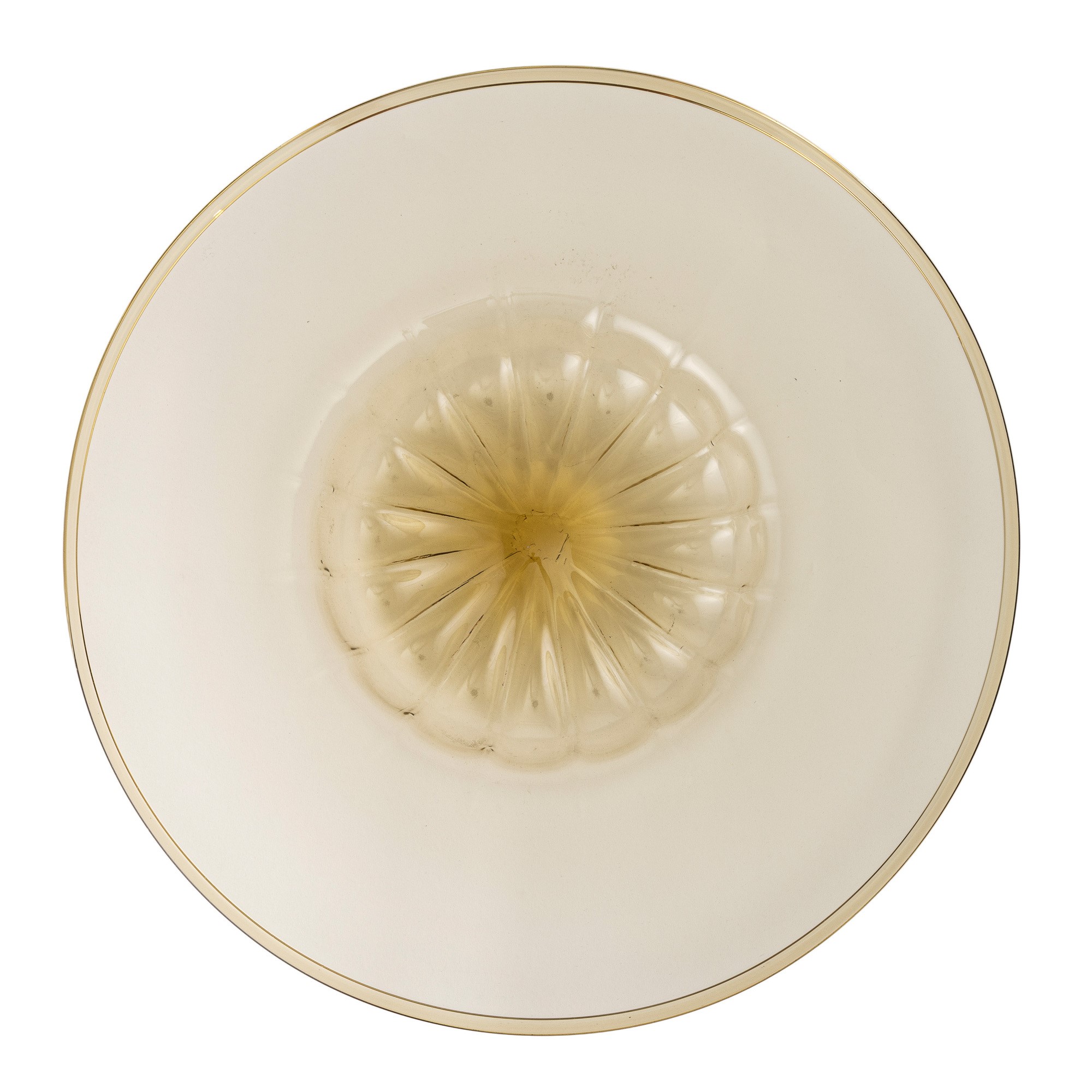 Murano (ca. 1930), Grande piatto in vetro soffiato pagliesco a larga tesa con centro baccellato