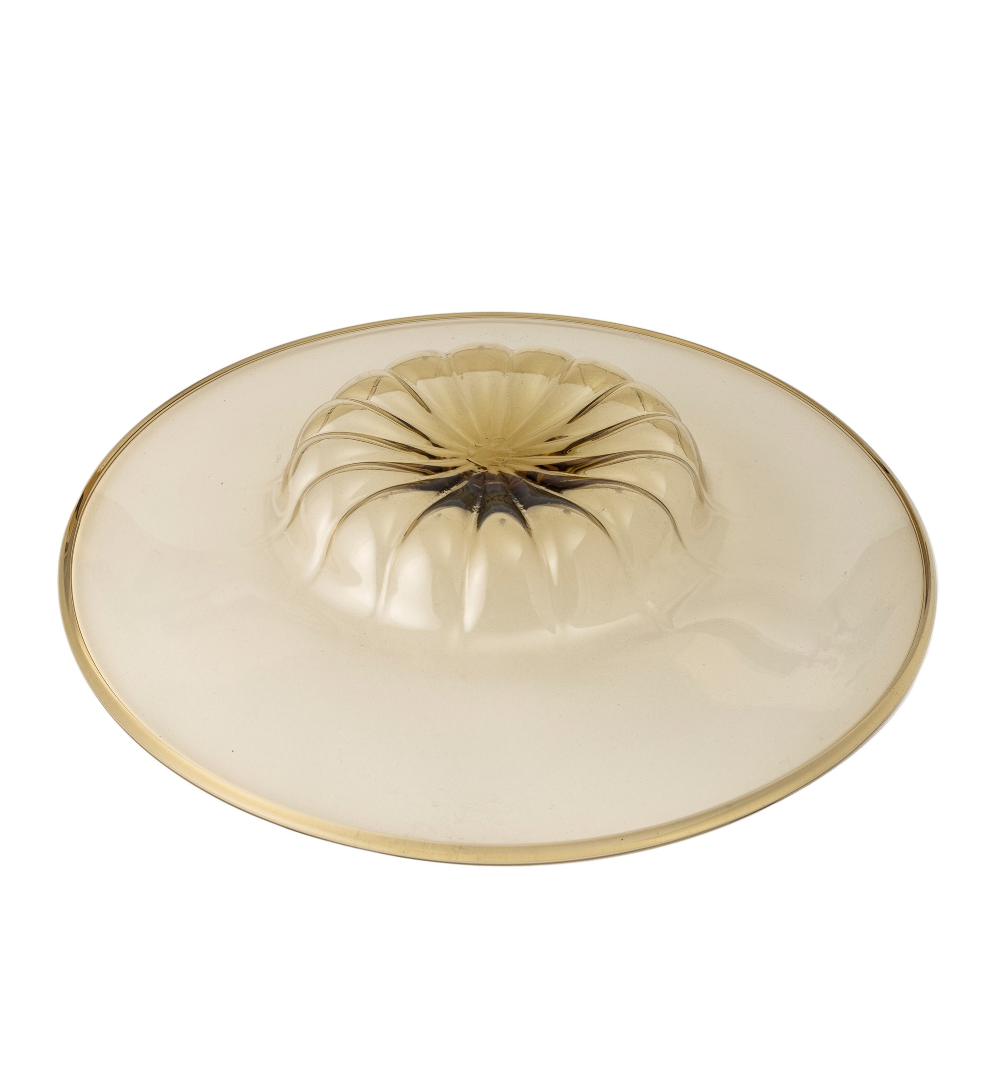 Murano (ca. 1930), Grande piatto in vetro soffiato pagliesco a larga tesa con centro baccellato