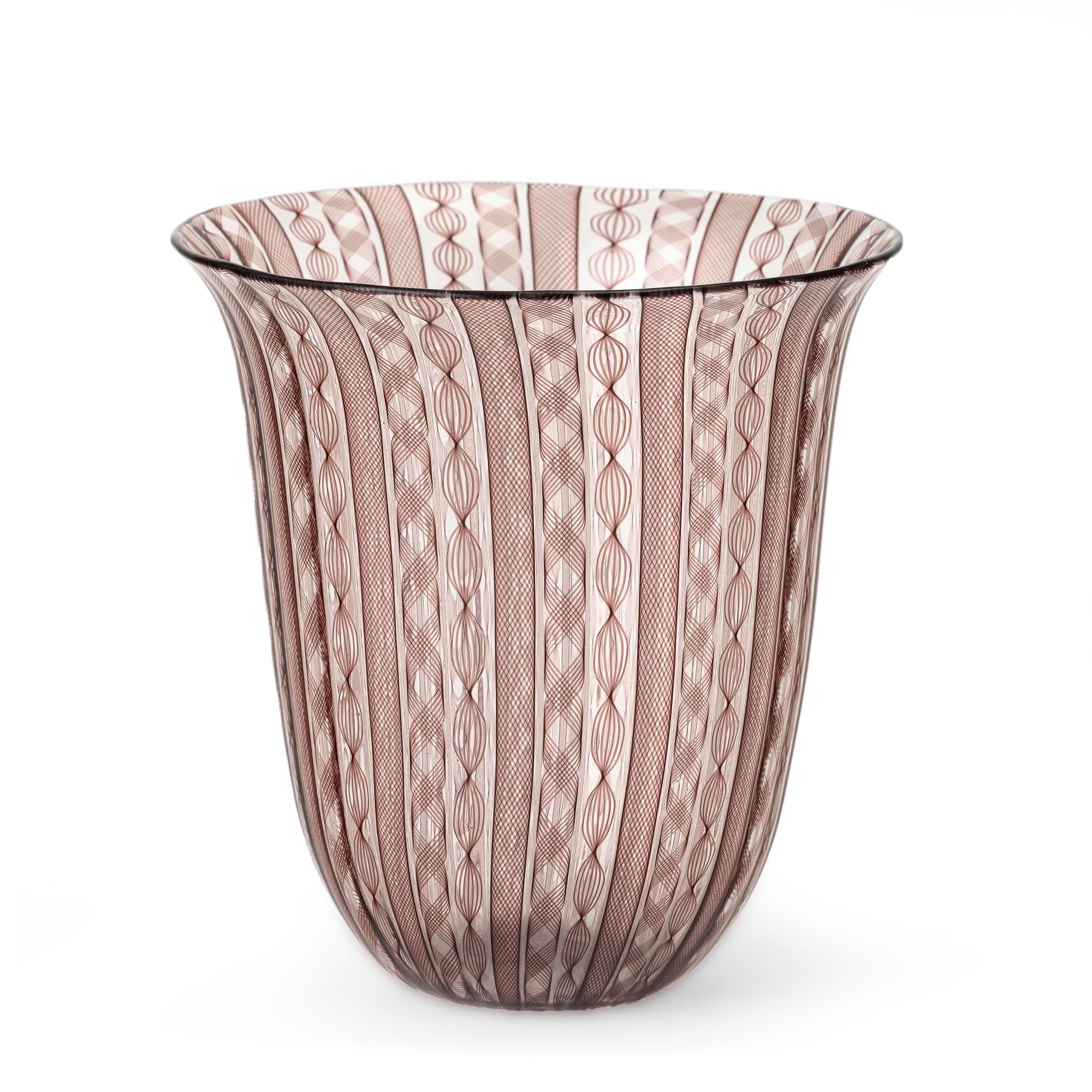 Barovier & Toso, Vaso a campana in vetro soffiato con decoro a canne zanfirico e ametista (Murano...