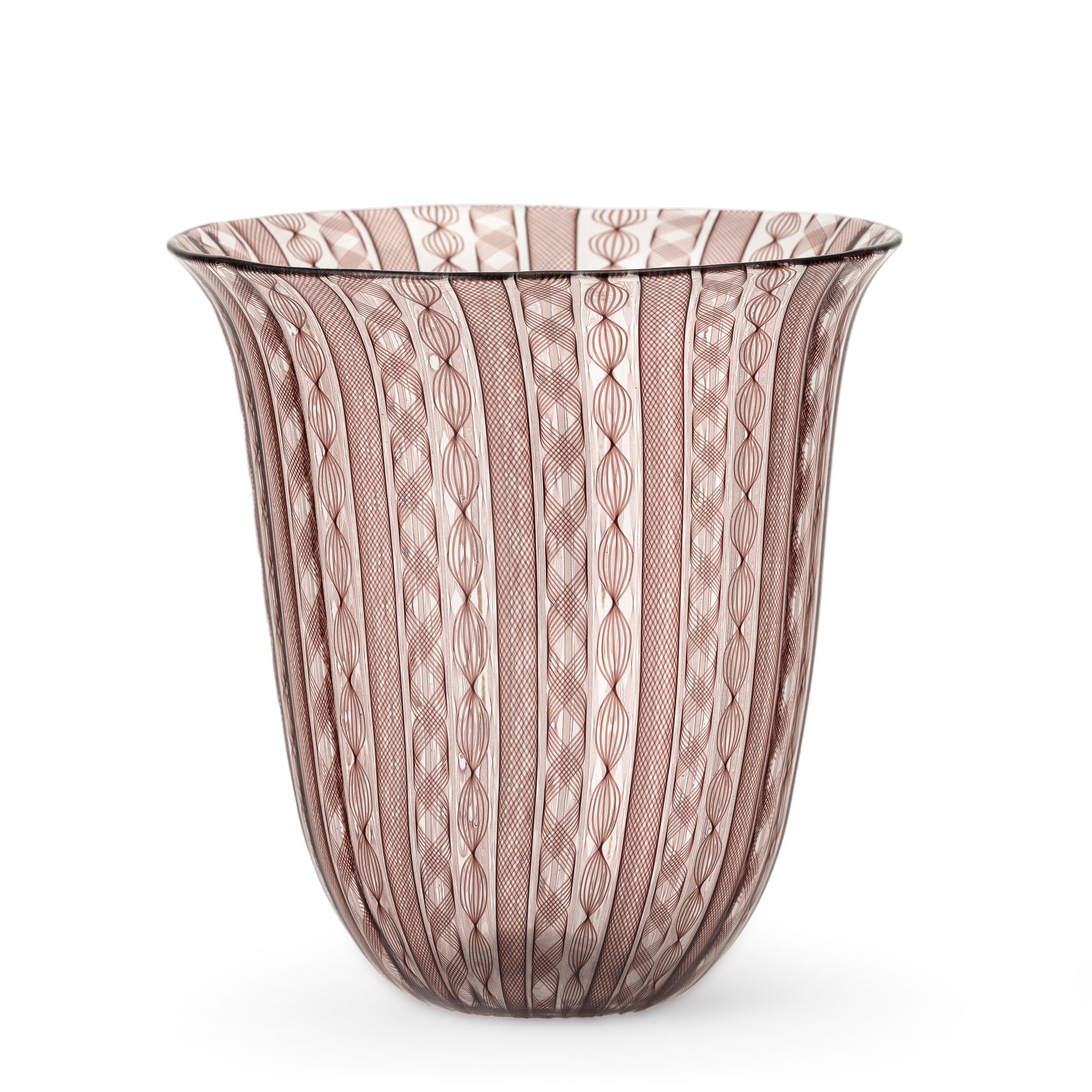 Barovier & Toso, Vaso a campana in vetro soffiato con decoro a canne zanfirico e ametista (Murano...