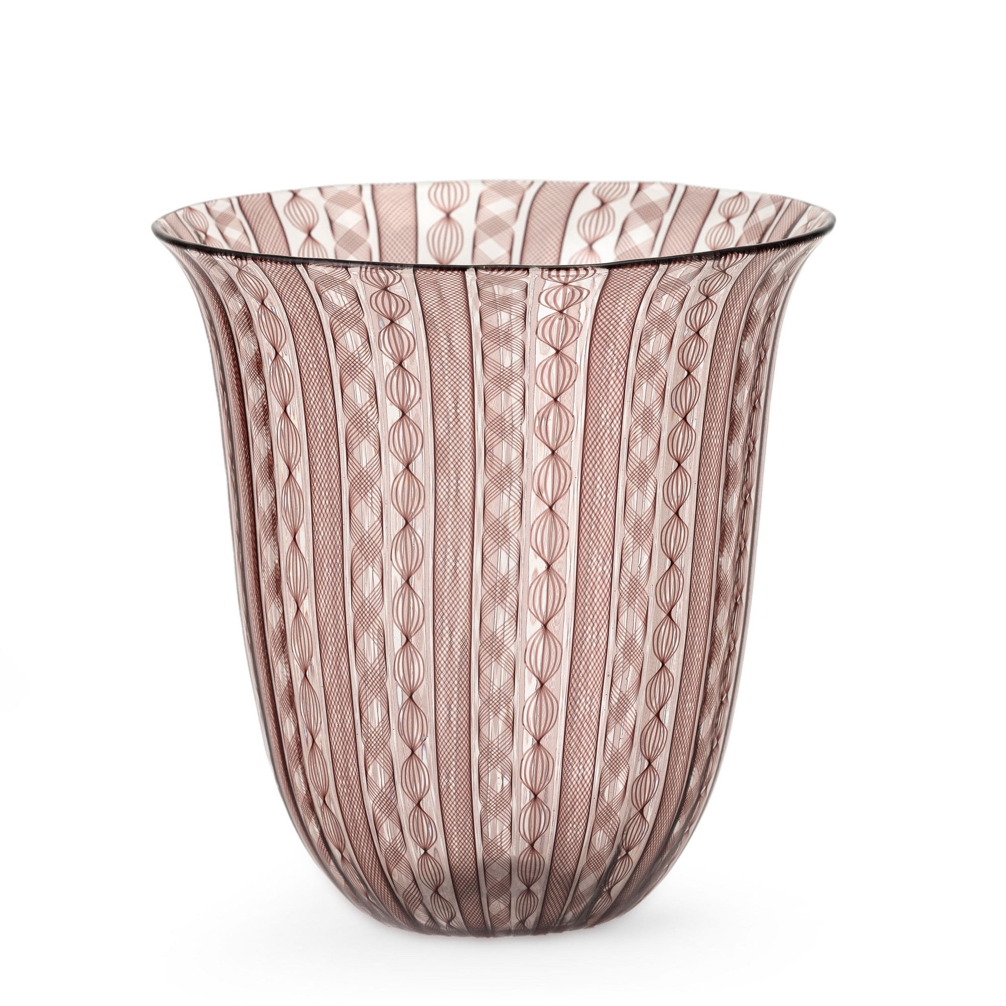 Barovier & Toso, Vaso a campana in vetro soffiato con decoro a canne zanfirico e ametista (Murano...