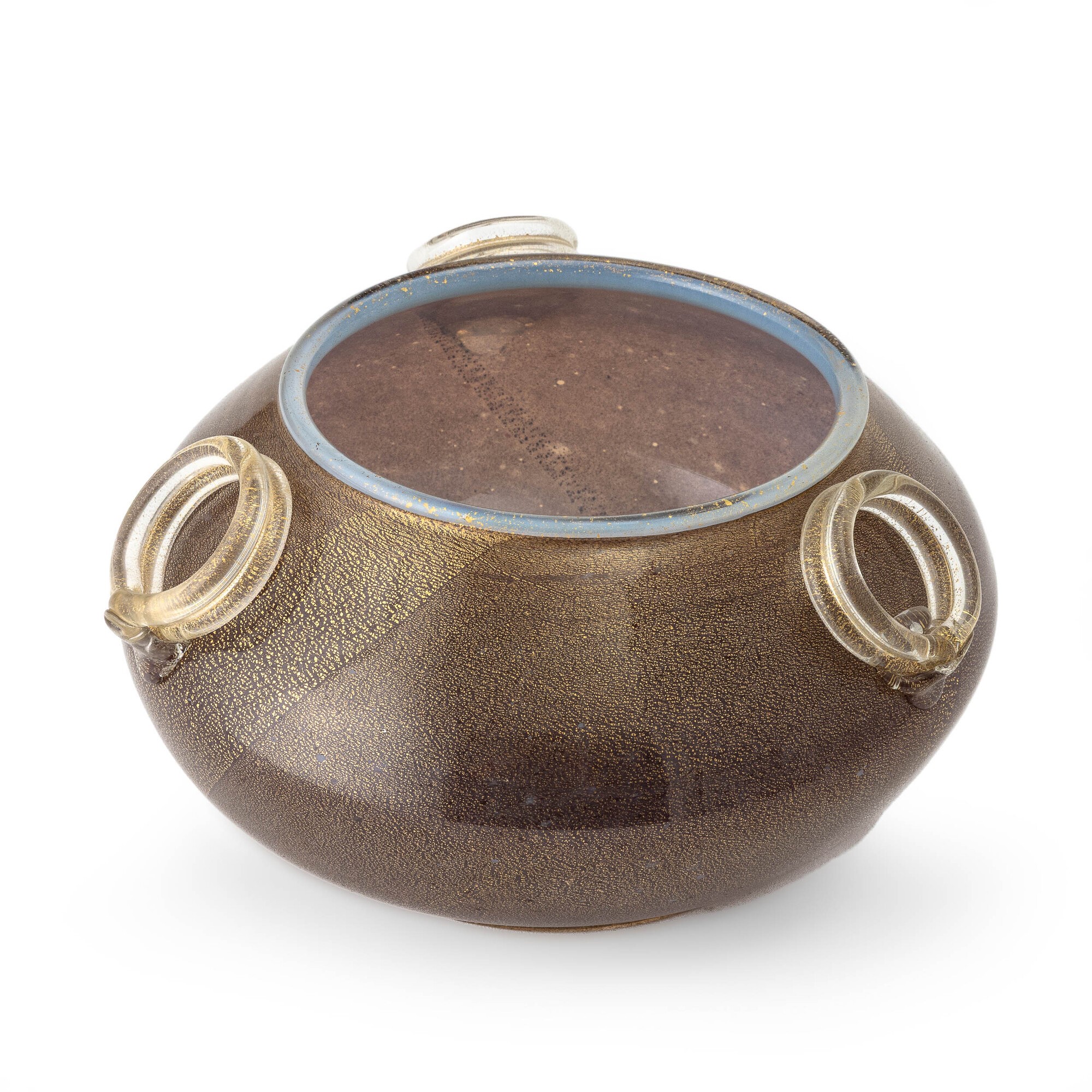 Vetro di Murano, Coppa opalescente con decoro in foglia d’oro e anelli cordonati (circa 1960)