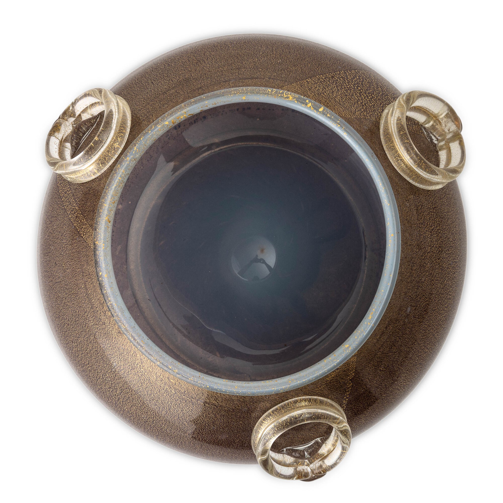 Vetro di Murano, Coppa opalescente con decoro in foglia d’oro e anelli cordonati (circa 1960)