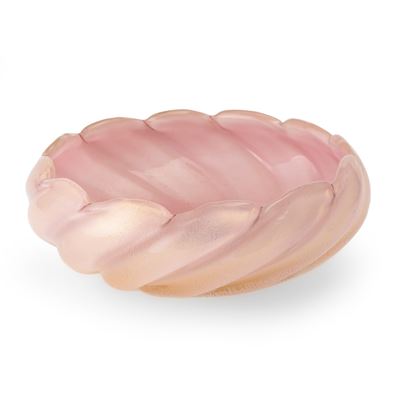 Coppa in vetro rosa, costolature e decorazione in foglia oro, Murano (circa 1950)
