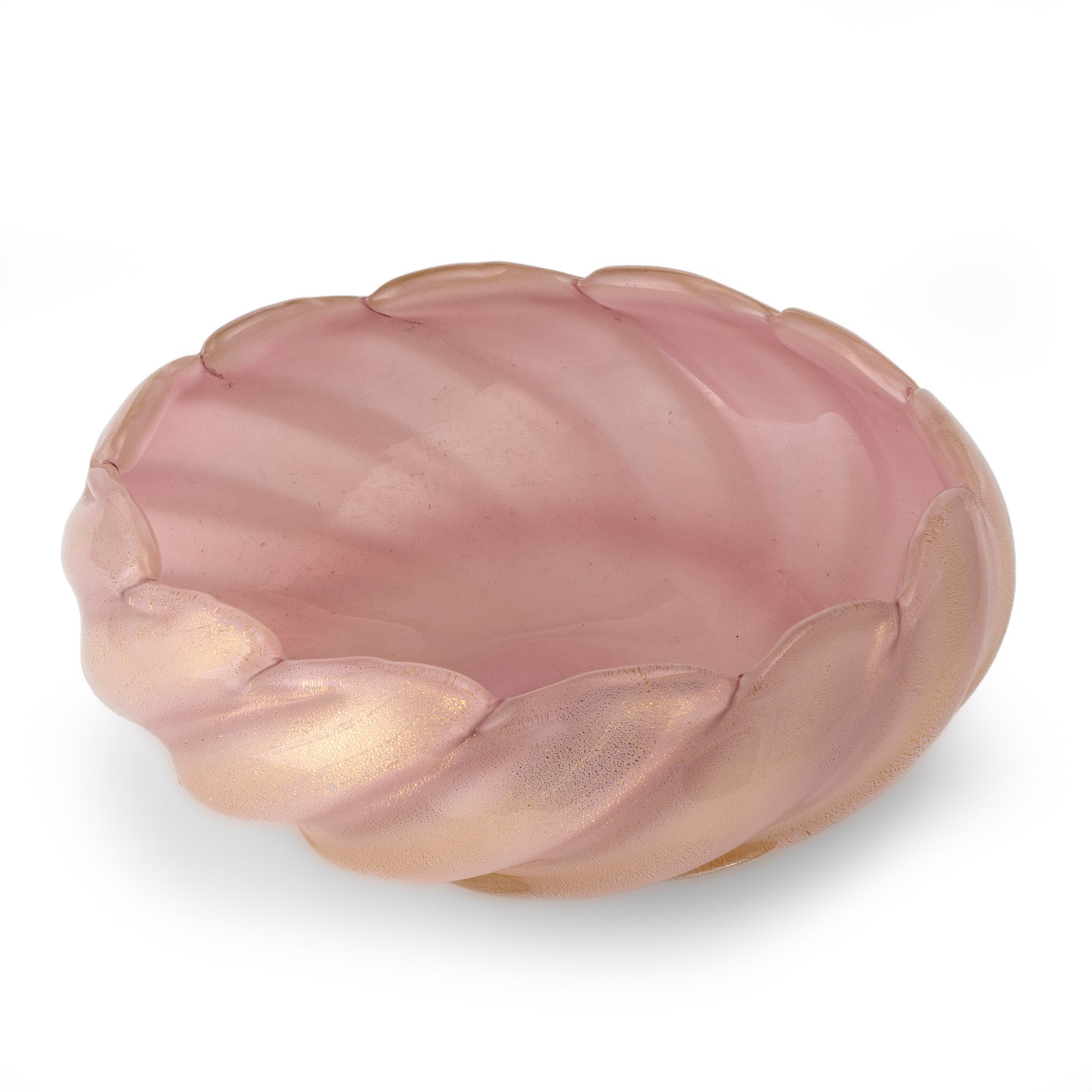 Coppa in vetro rosa, costolature e decorazione in foglia oro, Murano (circa 1950)