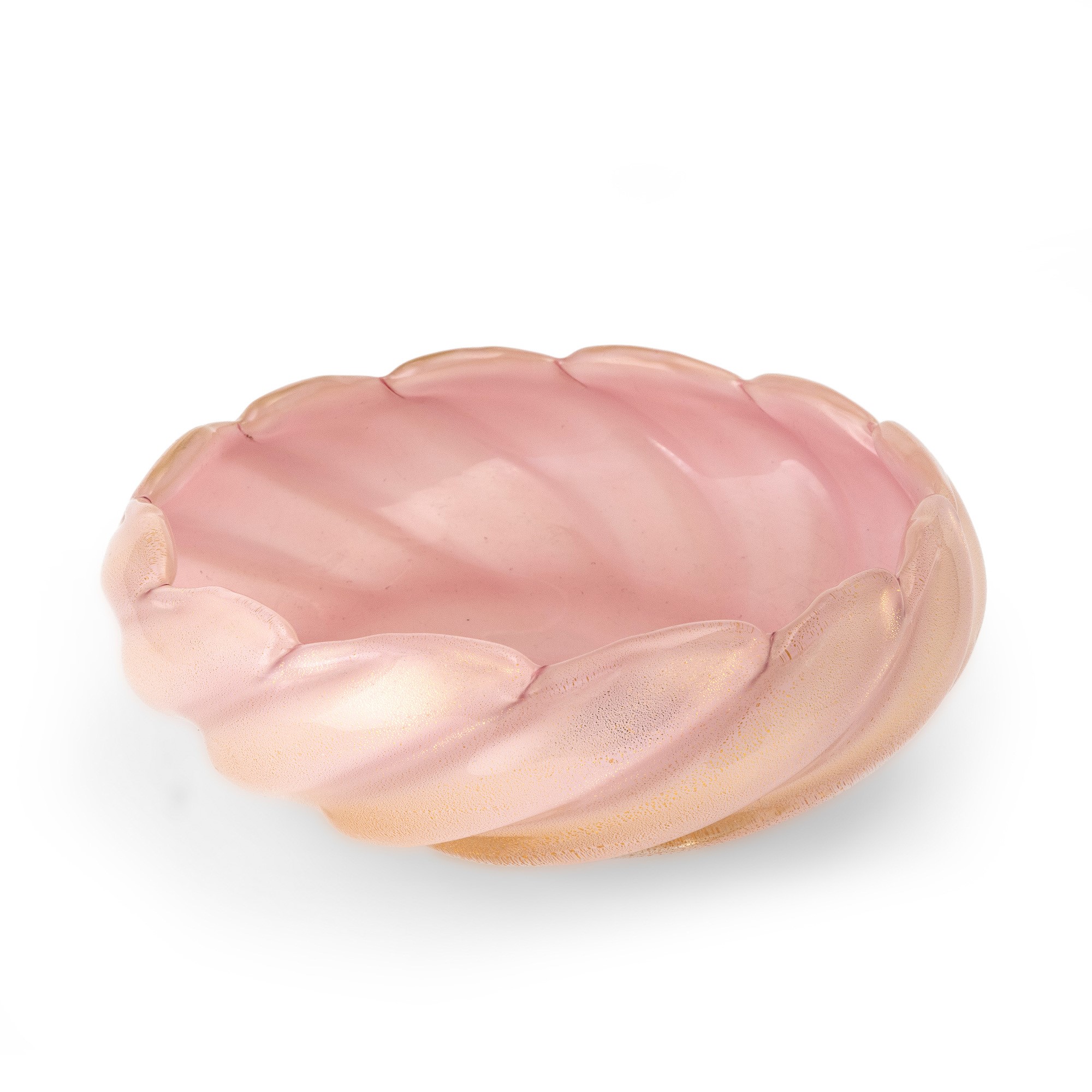 Coppa in vetro rosa, costolature e decorazione in foglia oro, Murano (circa 1950)