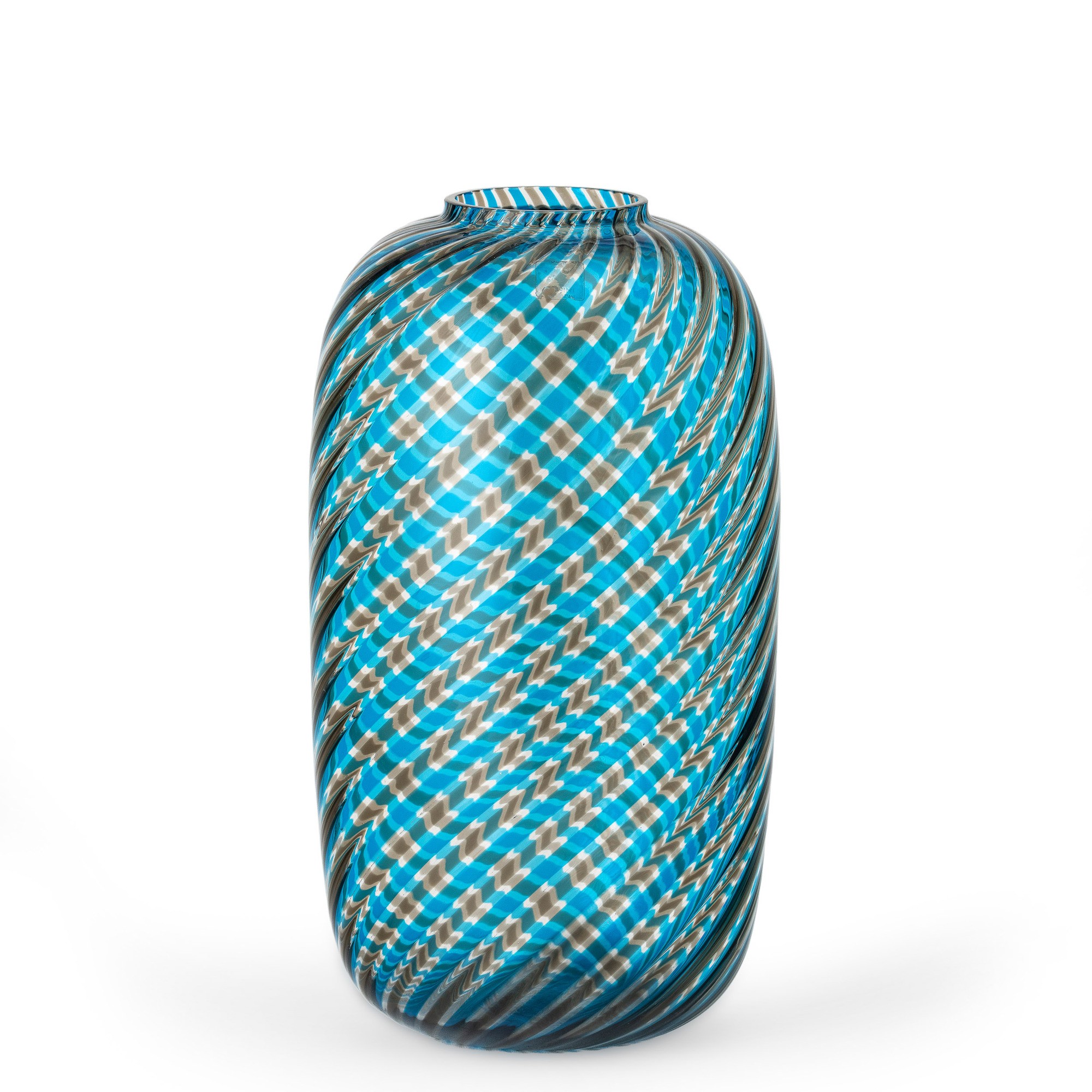 Venini, Vaso in vetro soffiato con decoro di canne ritorte acquamare e talpa (Murano, 1981)