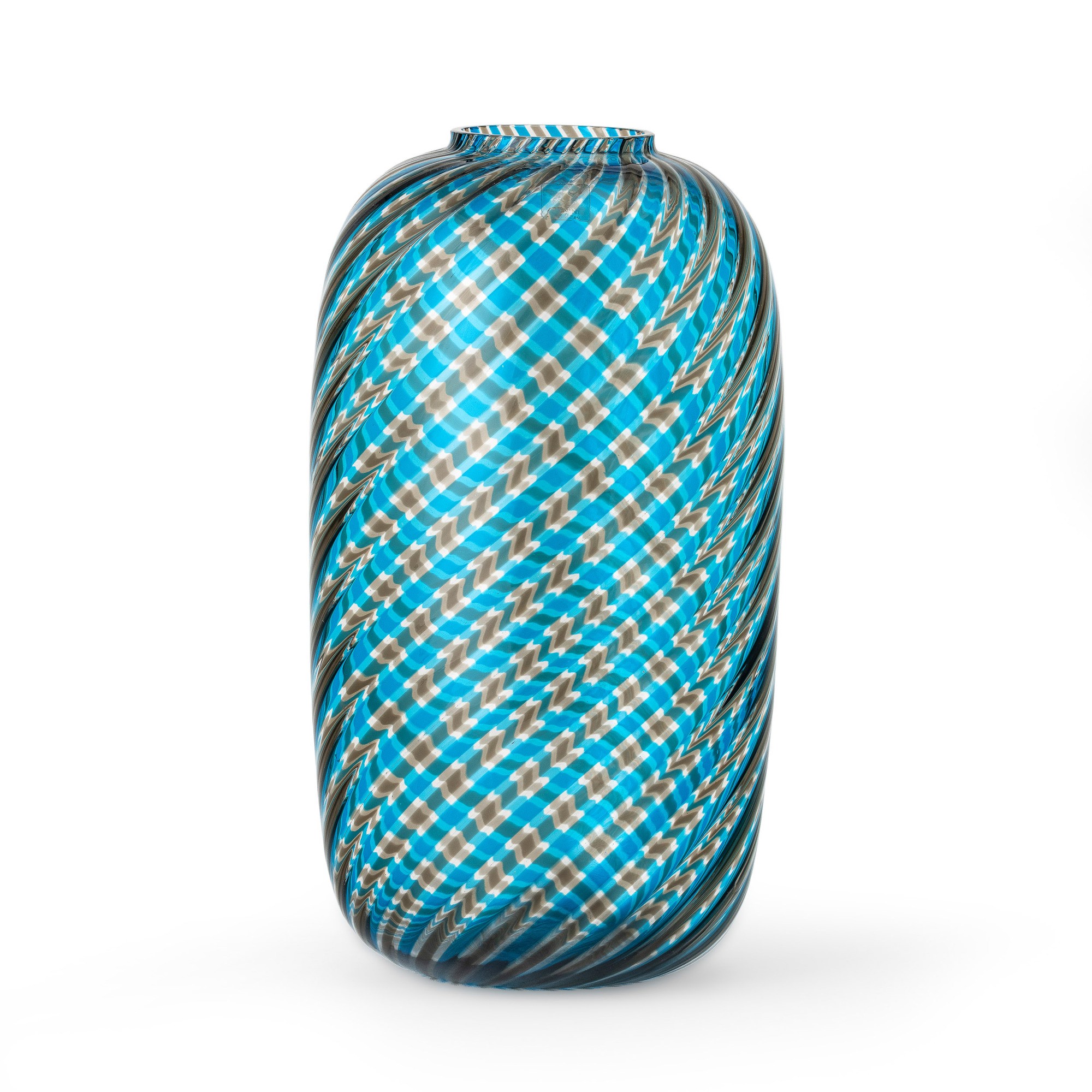 Venini, Vaso in vetro soffiato con decoro di canne ritorte acquamare e talpa (Murano, 1981)