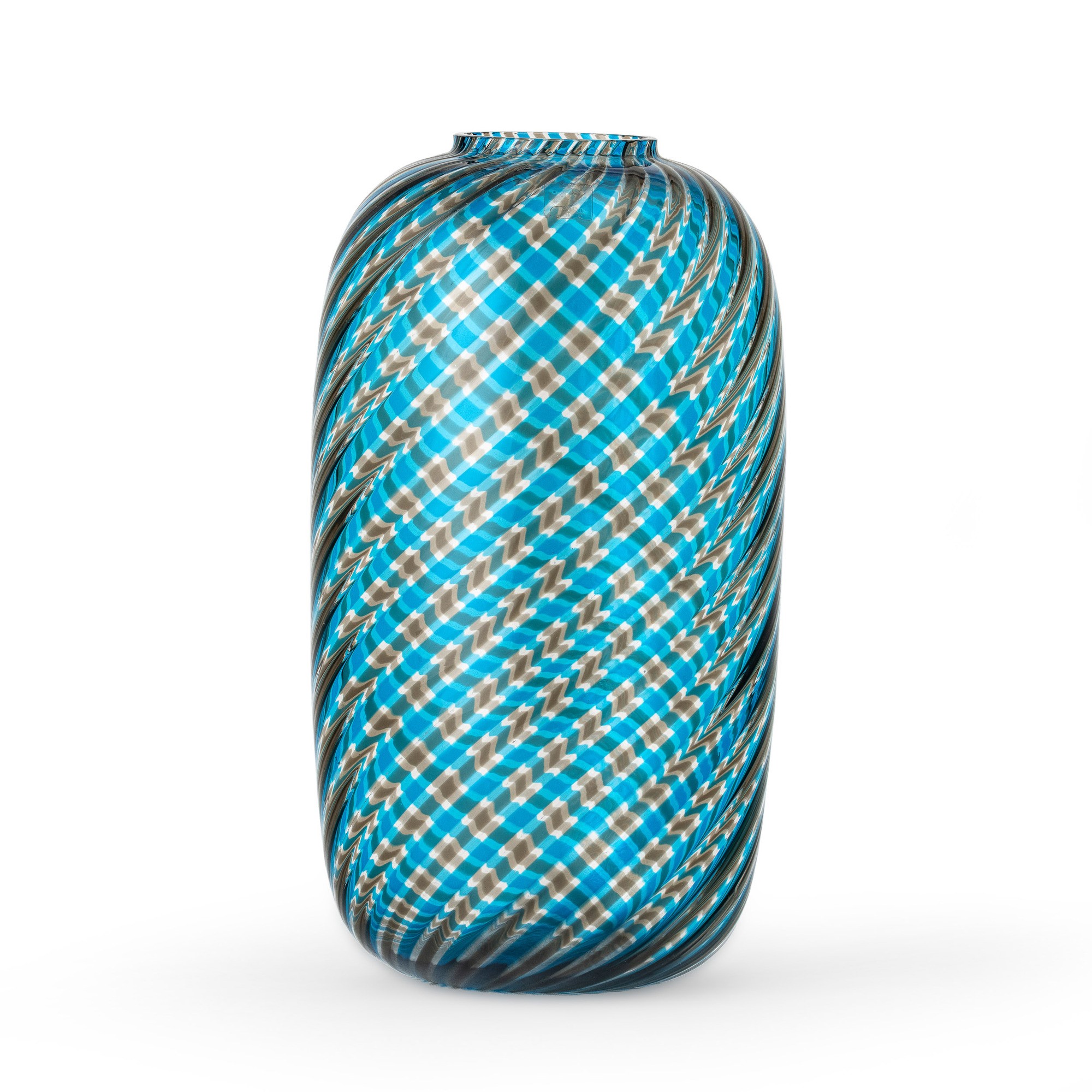Venini, Vaso in vetro soffiato con decoro di canne ritorte acquamare e talpa (Murano, 1981)