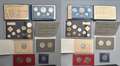 Monetazione estera, serie filatelico-numismatiche in confezione (Unione Sovietica, Singapore, Ung...