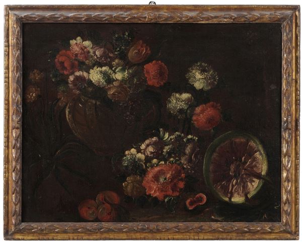 Scuola napoletana del XVIII secolo Natura morta con vaso di fiori, pesche e anguria