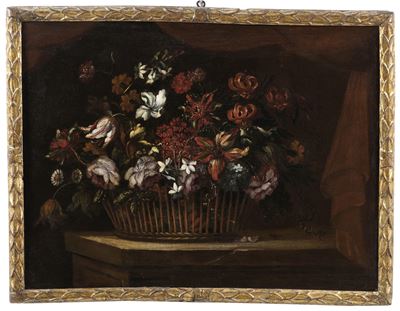 Scuola lombarda del XVIII secolo, Natura morta con cesto di fiori e drappo, olio su tela