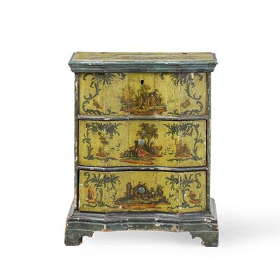 Comodino, legno laccato, decorazione a scene di genere e motivi vegetali, XVIII secolo