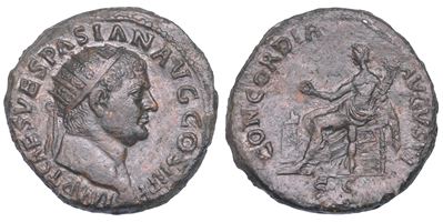 Tito, Dupondio (testa radiata e Concordia seduta), bronzo