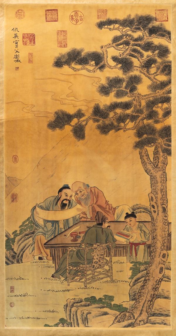 Scroll raffigurante Shoulao con immortali, iscrizioni e sigilli, Cina, XX secolo