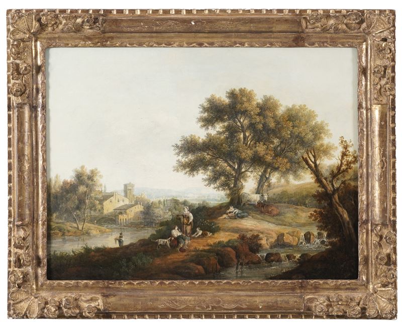 Francesco Zuccarelli : Paesaggio con pastori e armenti  - olio su tela - Asta Dipinti Antichi - Cambi Casa d'Aste