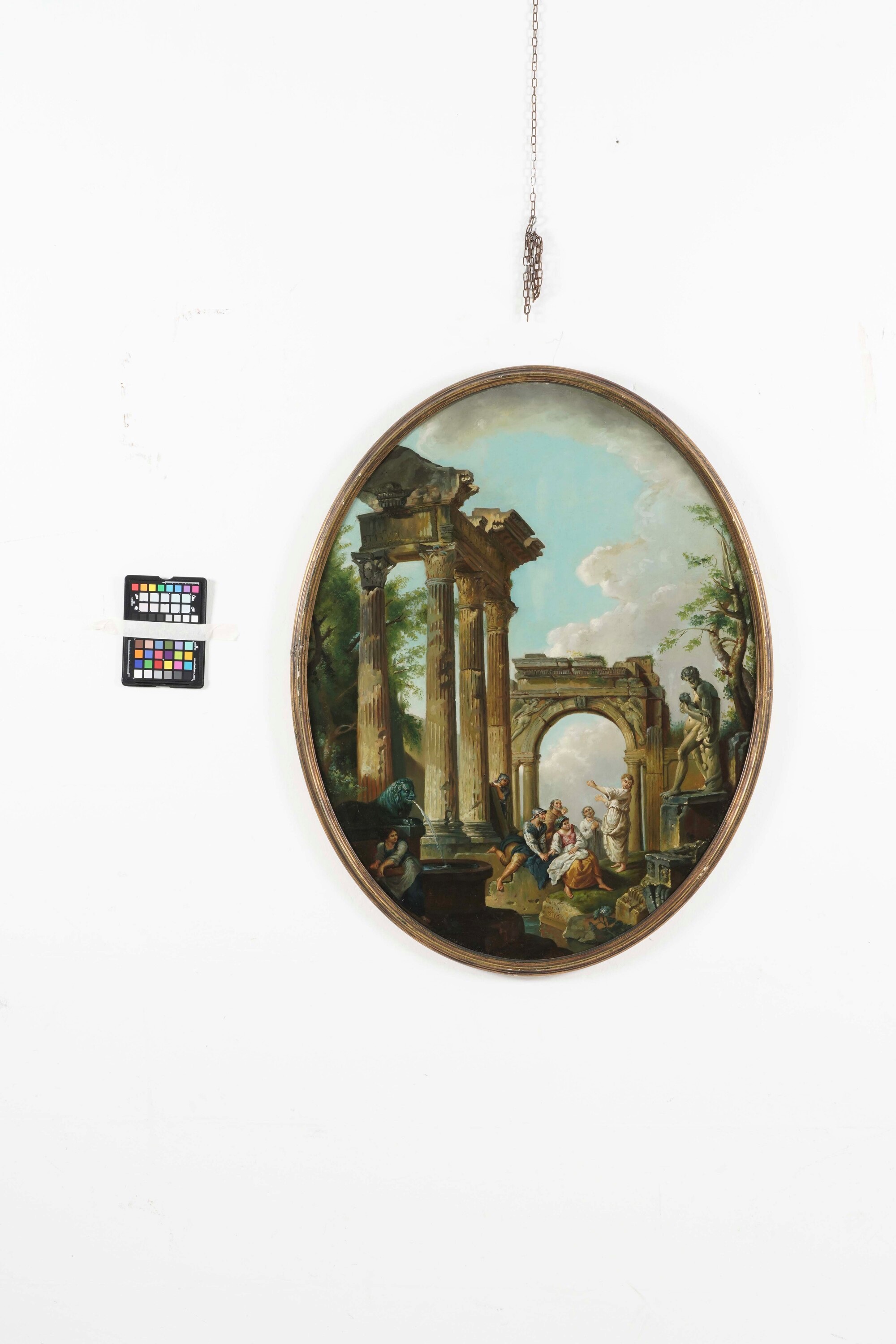 Giovanni Paolo Panini - Paesaggi con rovine e figure (coppia), olio su cartone ovale