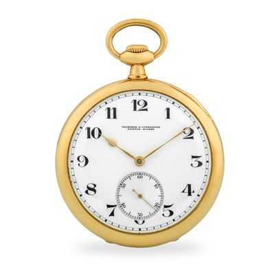 Orologio da tasca in oro giallo 18k con quadrante in smalto bianco Decò e piccoli secondi (circa ...