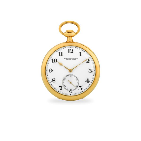 Orologio da tasca in oro giallo 18k, quadrante in smalto bianco con numeri Decò e piccoli secondi al sei, circa 1915/1920