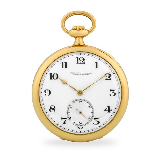 Vacheron &amp; Constantin - Orologio da tasca in oro giallo 18k, quadrante in smalto bianco con numeri Decò e piccoli secondi al sei, circa 1915/1920