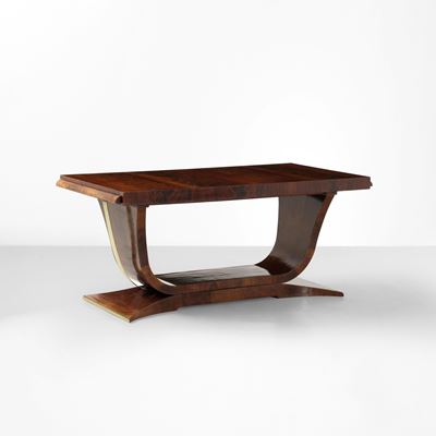 Italia, tavolo in legno con impiallacciatura e dettagli in ottone, stile industriale, 1930 ca.